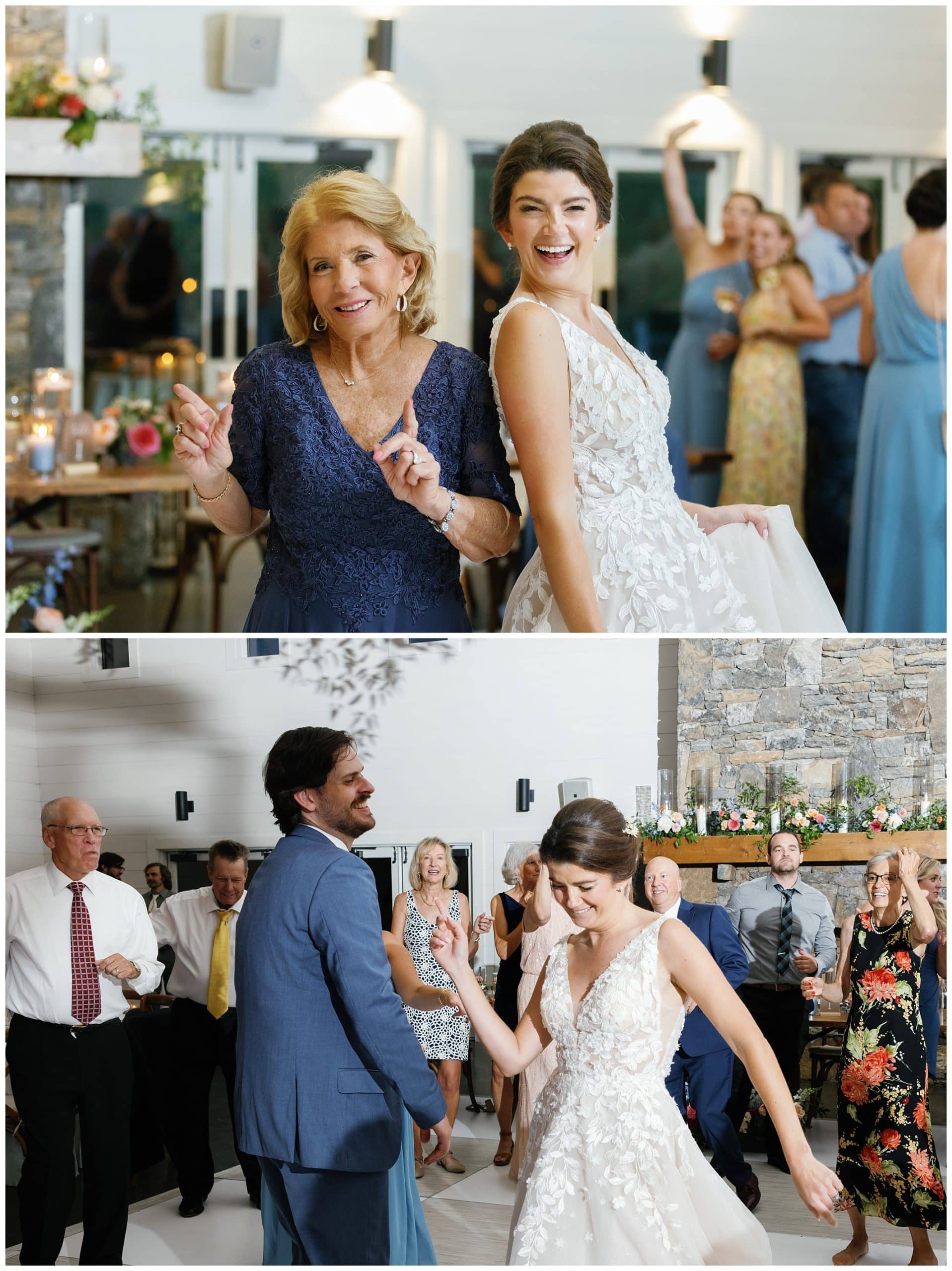 A bride and groom dancing at their wedding reception.