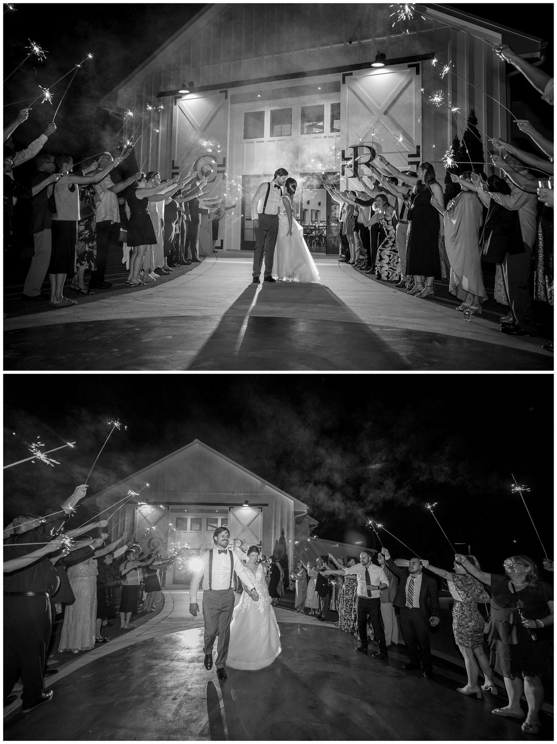 A bride and groom walking down the aisle with sparklers.