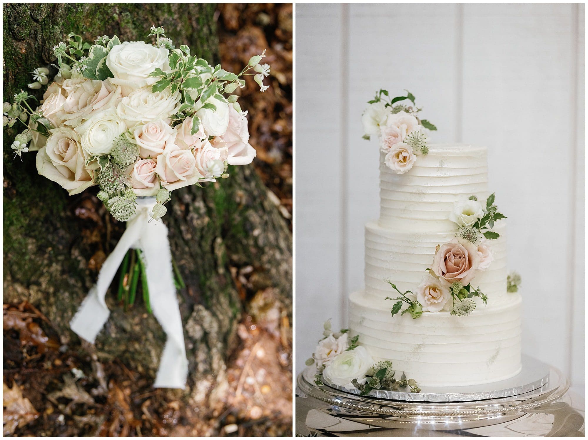 wedding cake and bouquet with cafe latte roses, pale pink and white roses