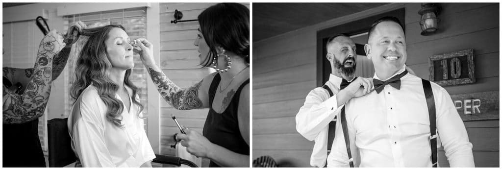 black and white photos of bride and groom getting ready 