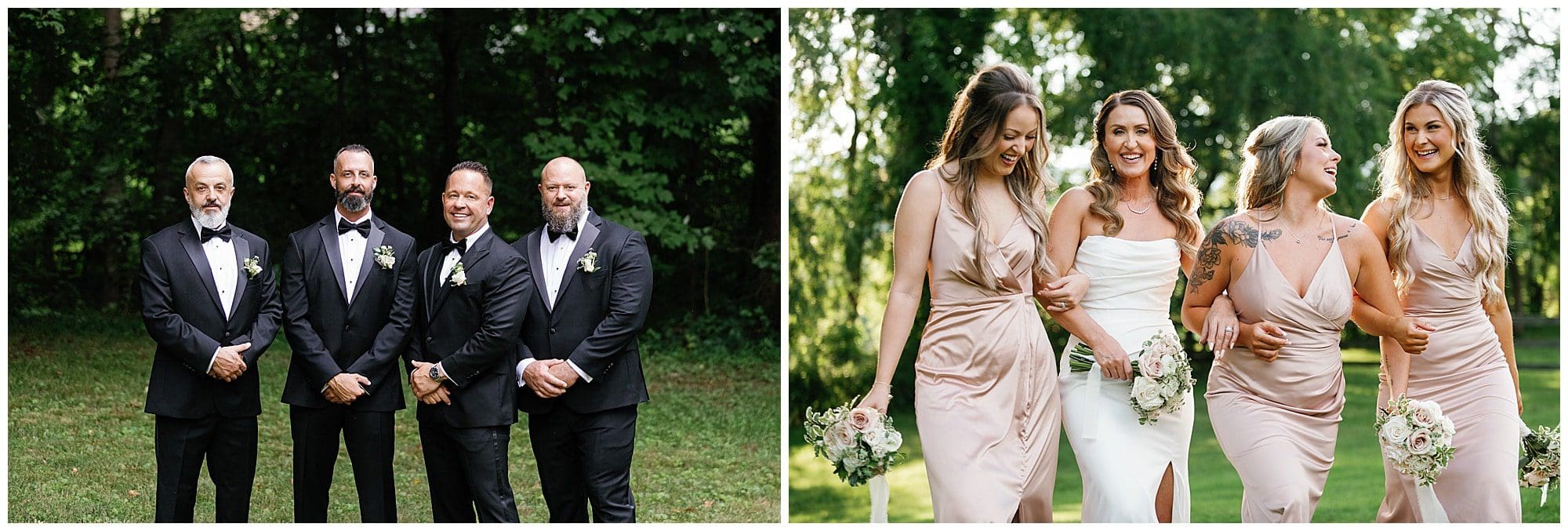 bride with bridesmaids and groom with groomsmen.  Bridesmaids in champagne colored gowns