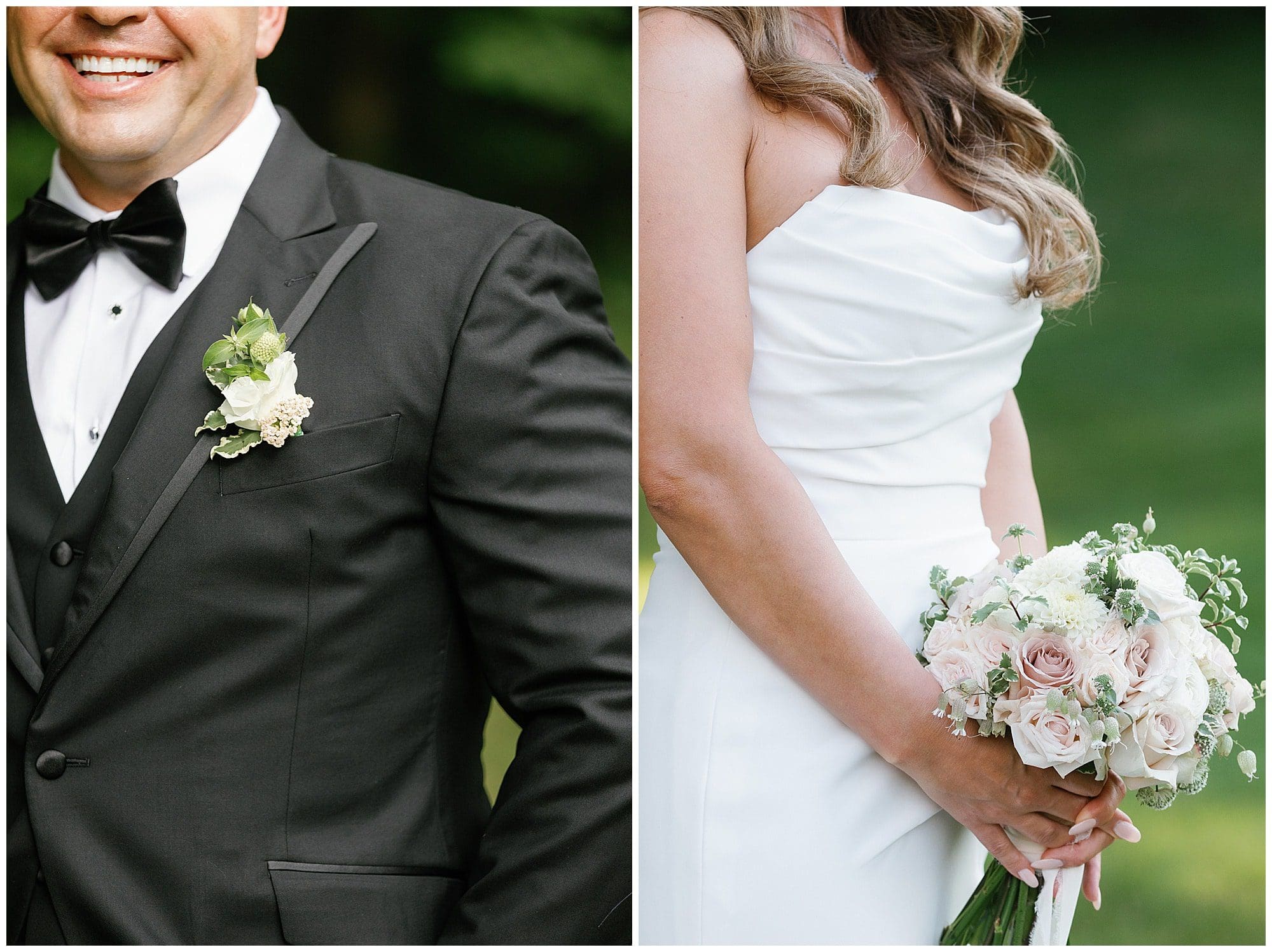 brides bouquet ang grooms boutonierre white flowers with pale pin and cafe latte roses