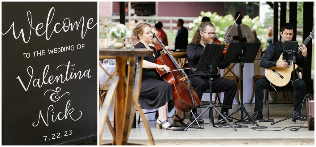 string band plays for ceremony and the reception at summer wedding outdoors at The Farm wedding venue