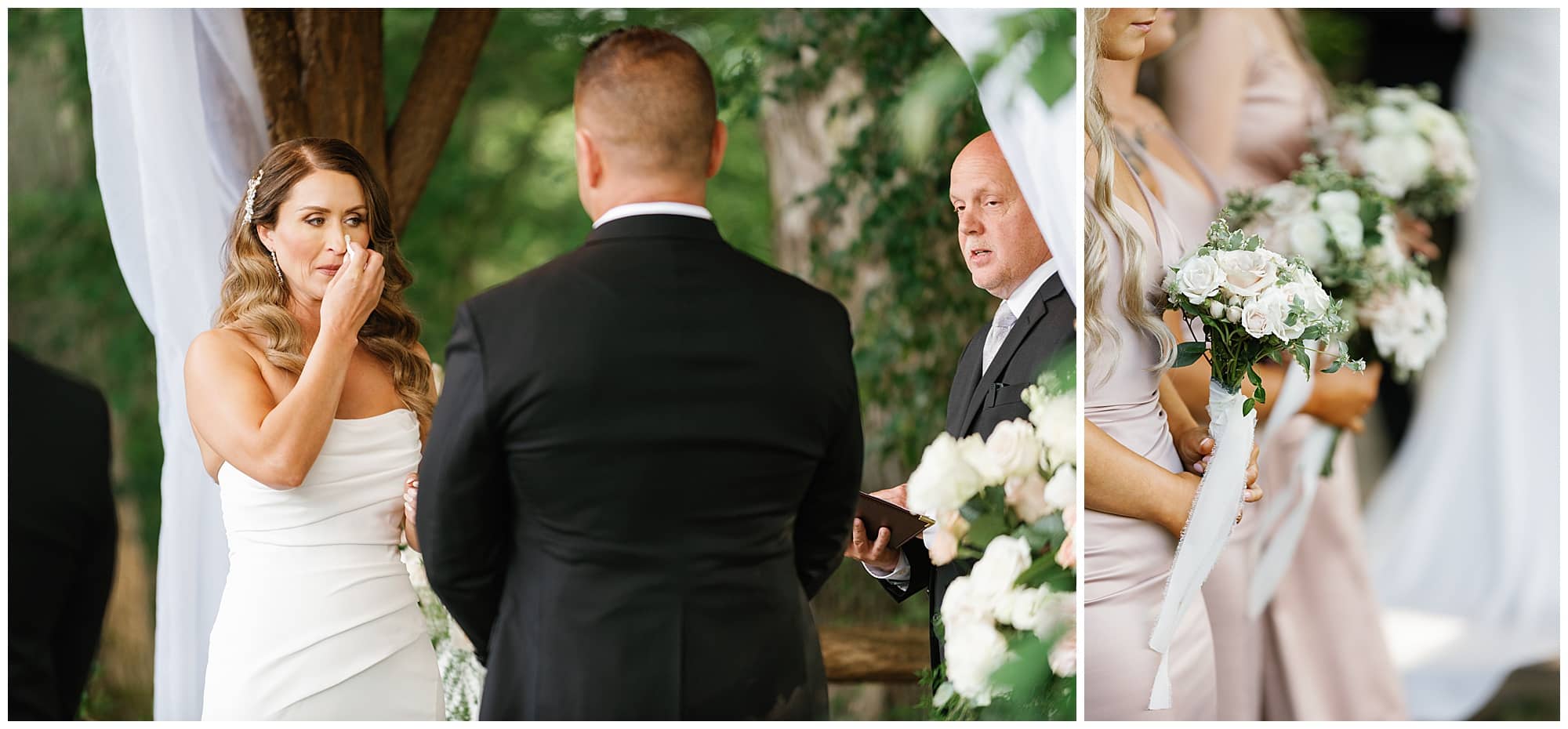 bride cries during  wedding ceremony at the Farm wedding venue 