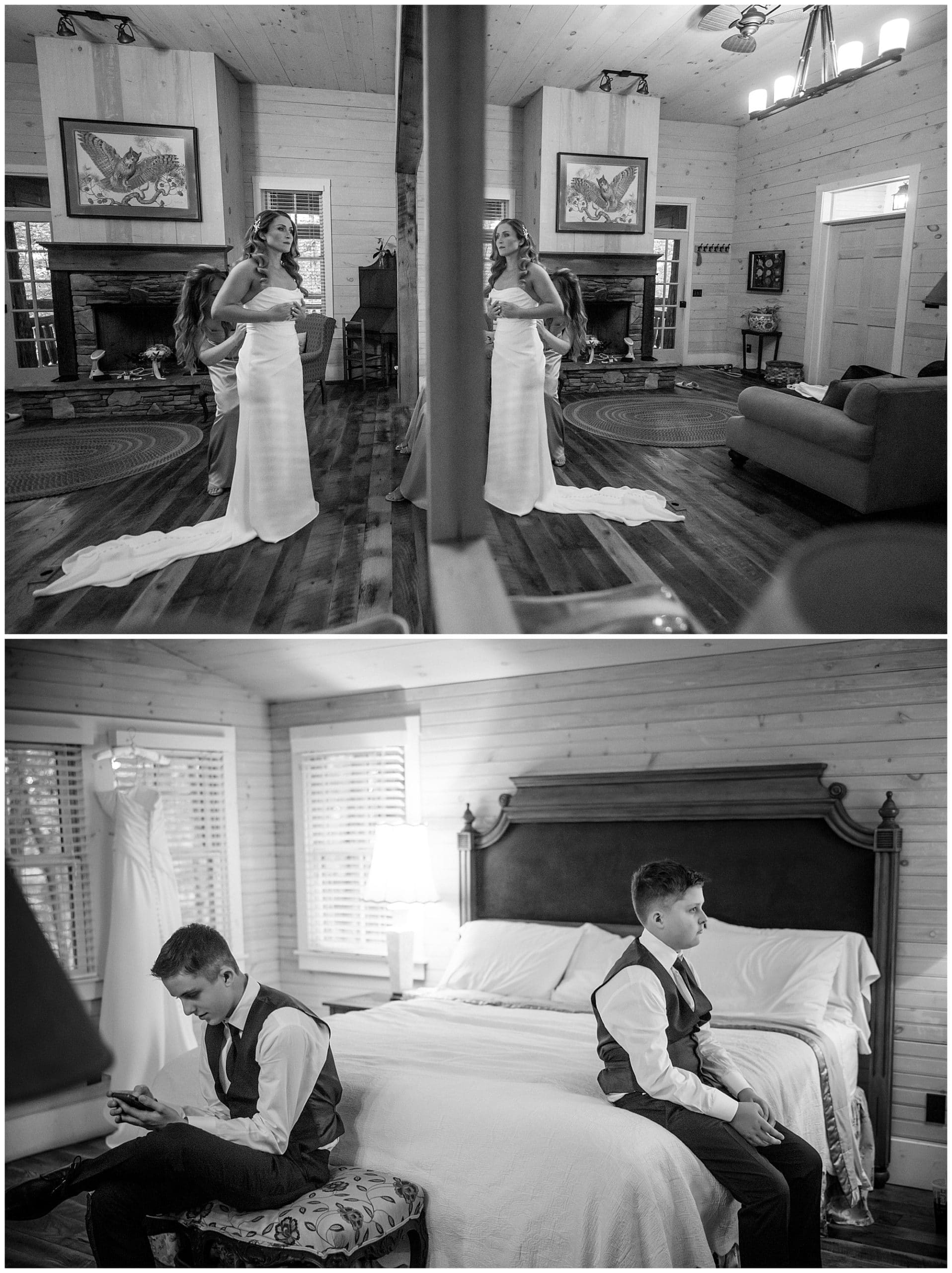 black and white photo of bride getting ready with a relection in mirror