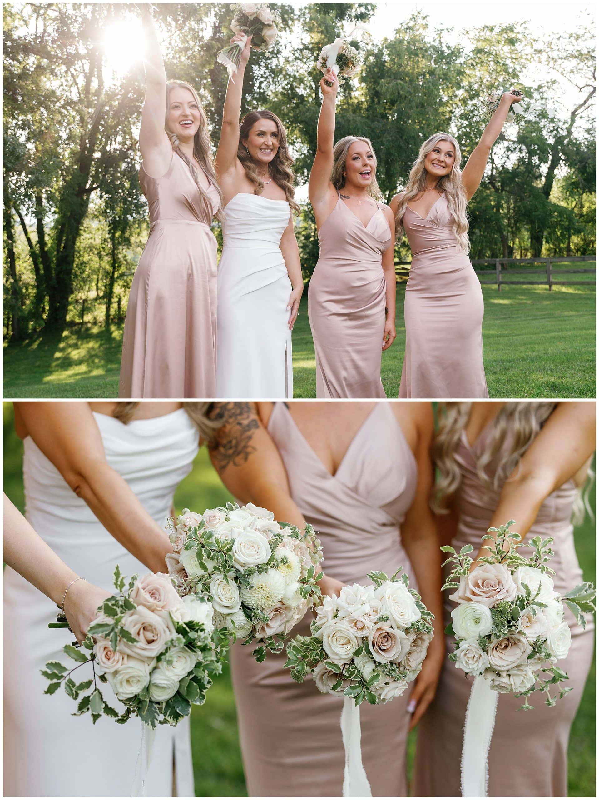 Bridesmaids cheer and show off their bouquests with soft pink and champagne colored roses