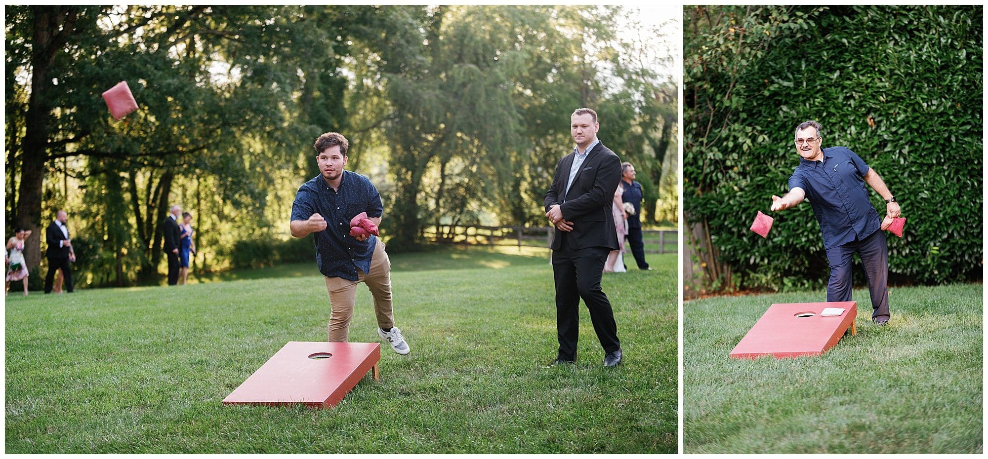 guests enjoy playing cornhole at outdoor summer wedding 