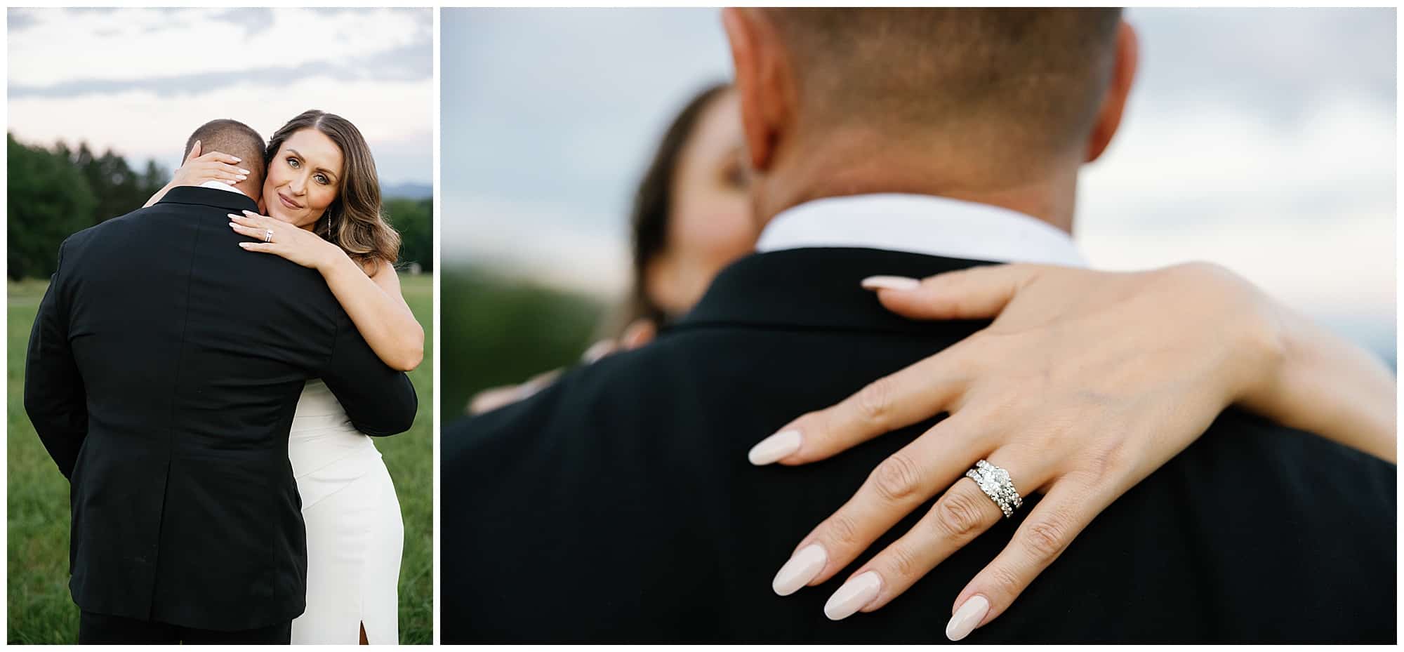 Bride hugs groom and shows off gorgeous nails and her beautiful wedding ring