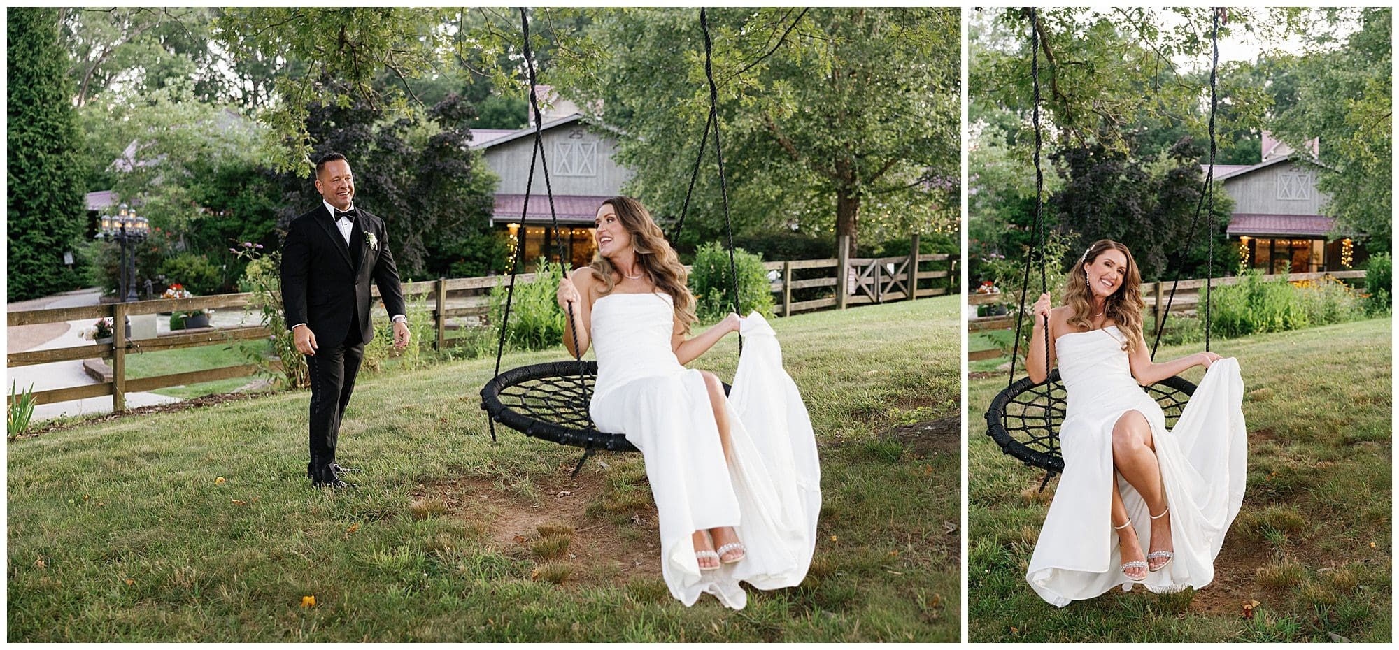 joyful photos of bride on swing at wedding with the groom pushing her