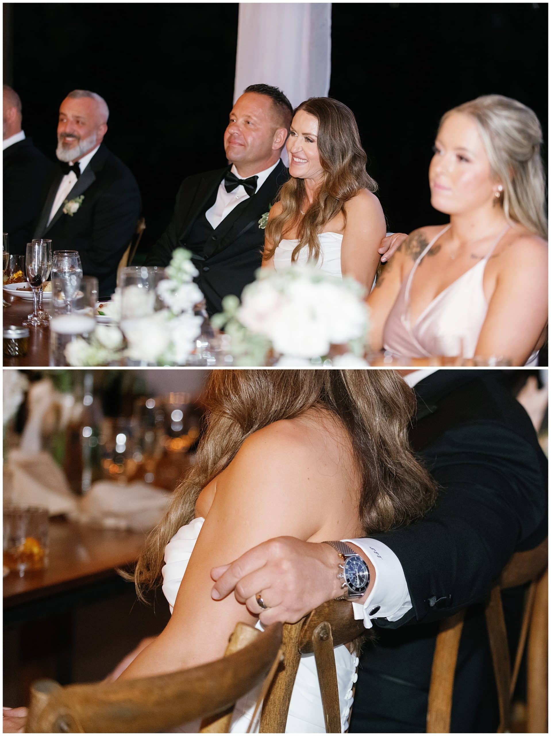 couple enjoying reception speeches/toasts