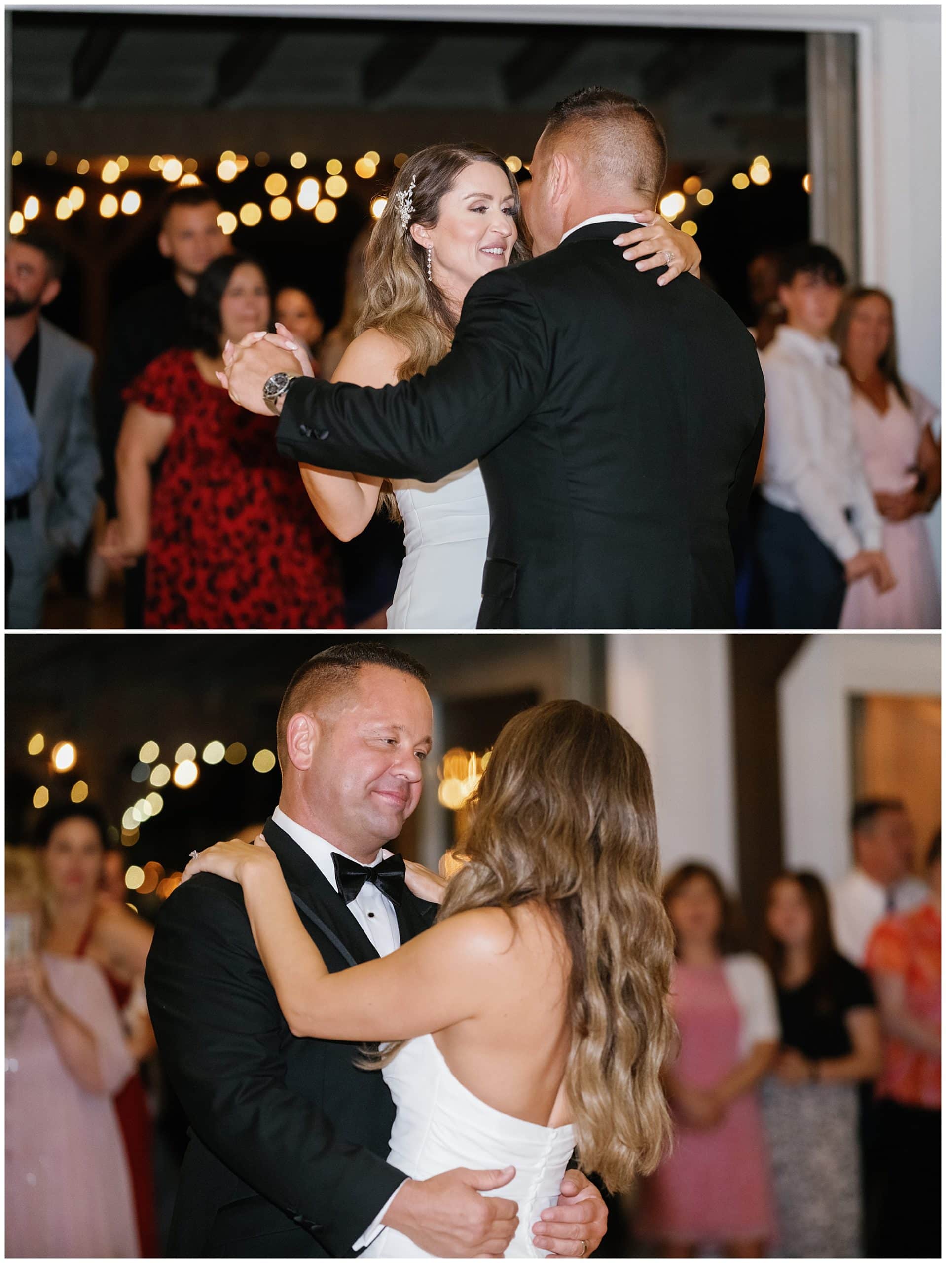 First dance of bride and groom with twinkle lights in the background 