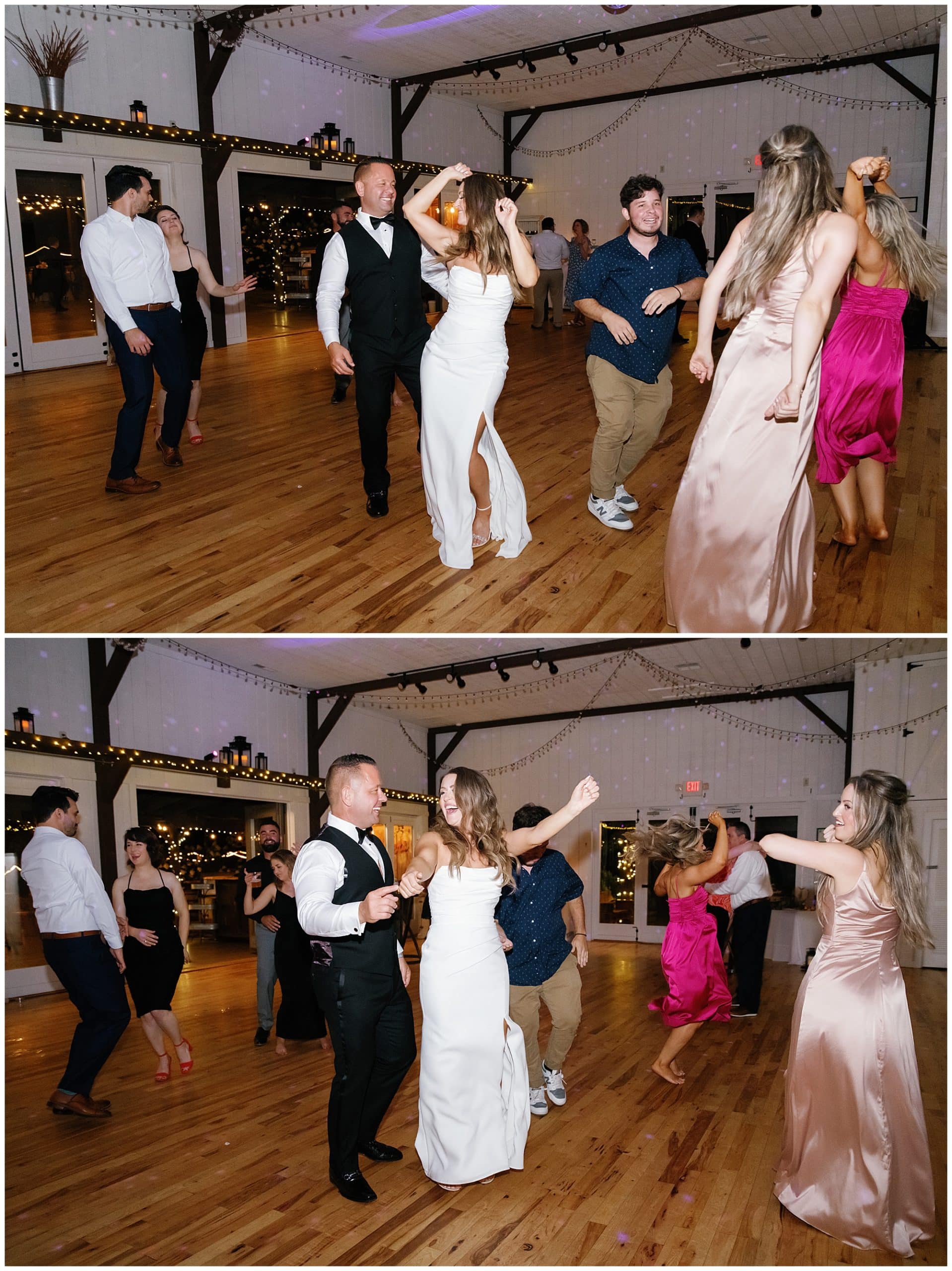 Bride and groom have fun on the dance floor at the farm wedding vnue.  Photographer Kathy Beaver 