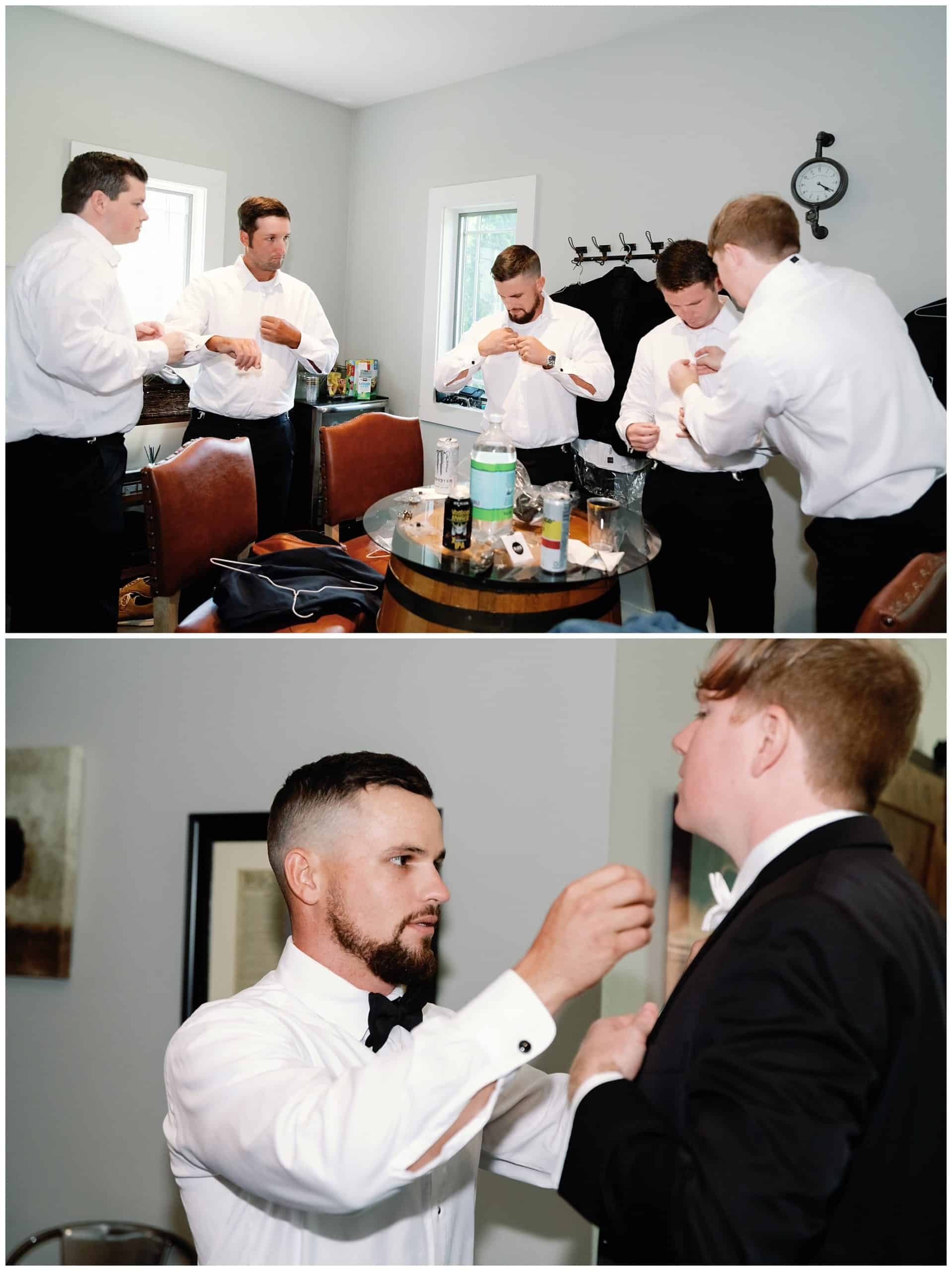 A group of men are getting ready for a wedding.