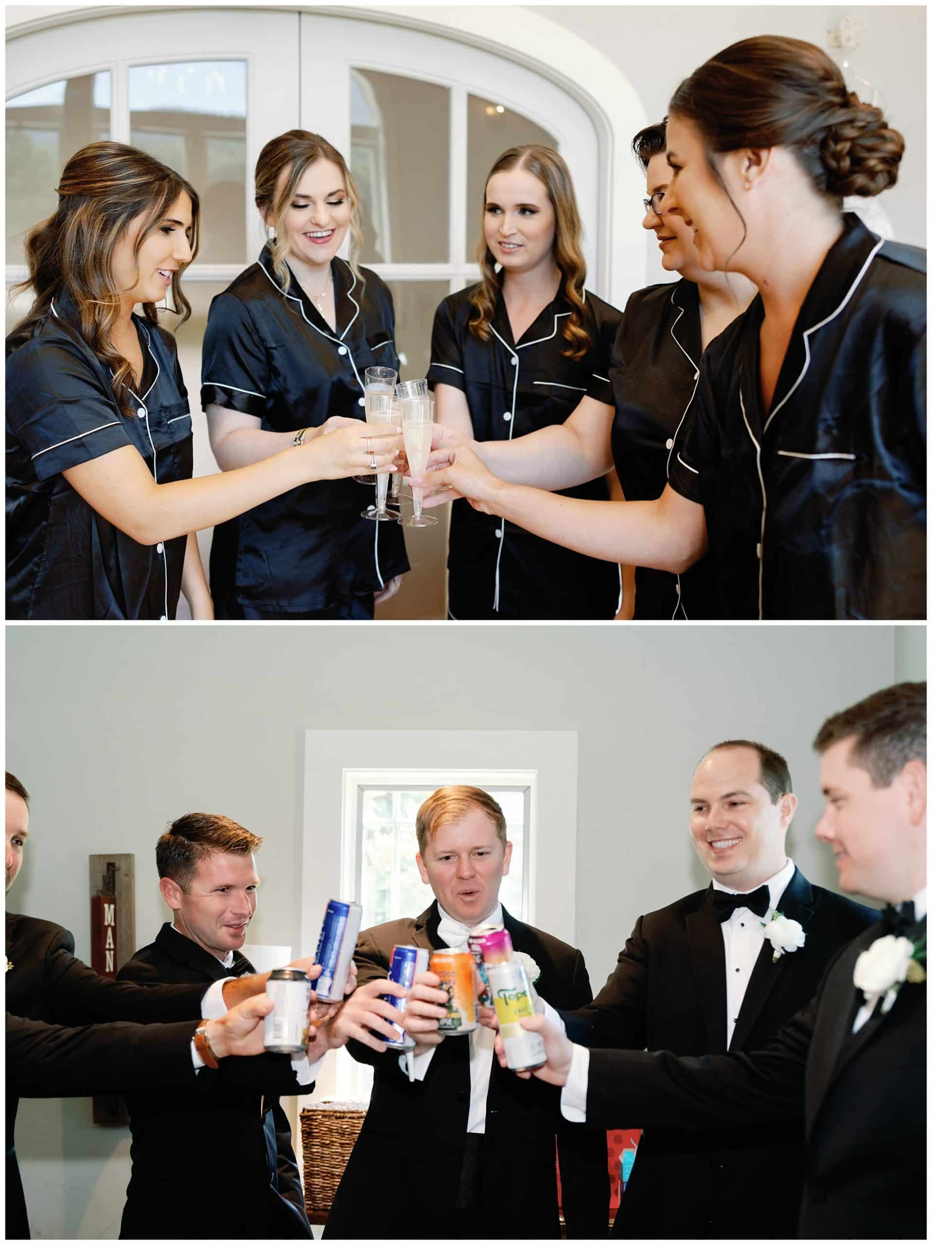 A group of groomsmen toasting champagne at a wedding.