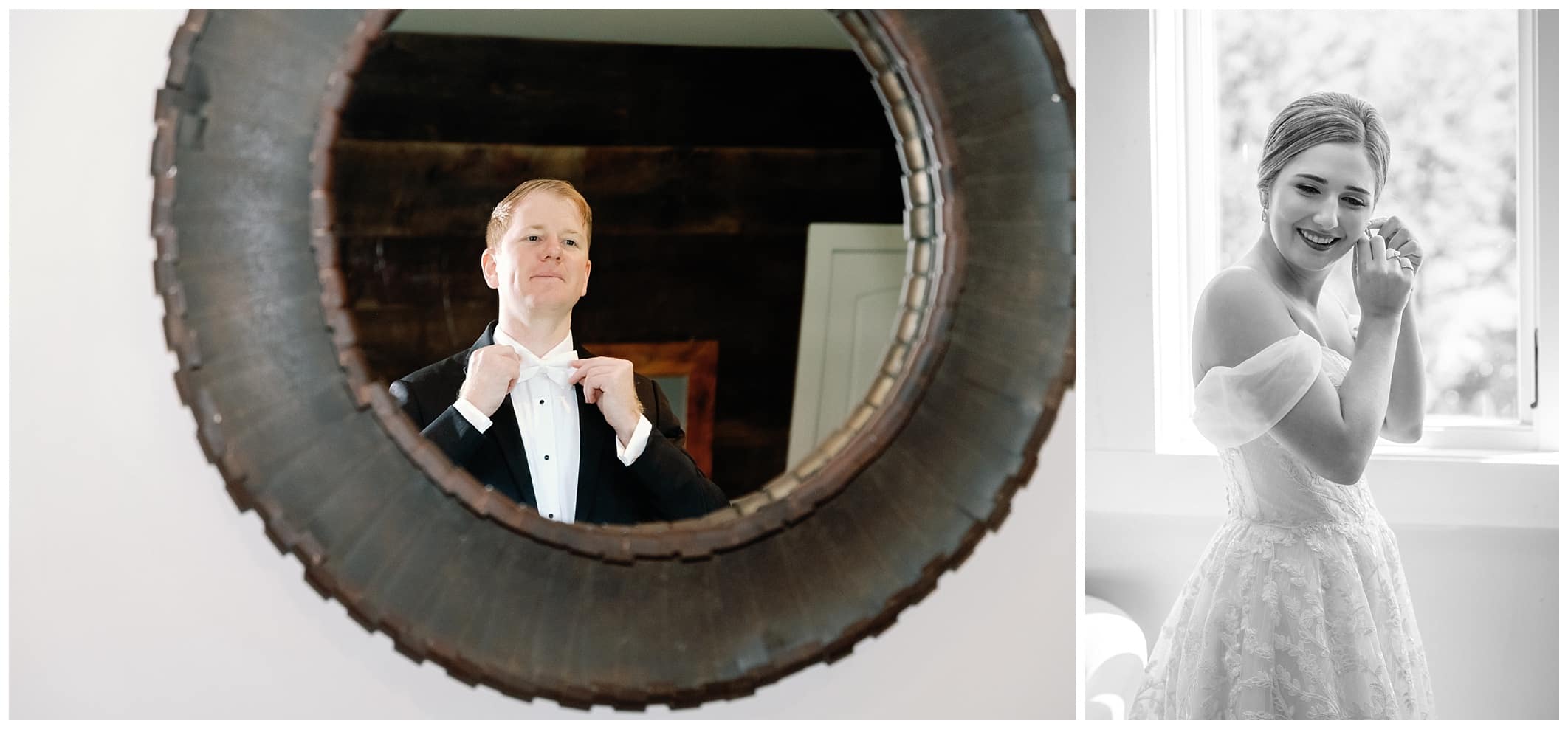 A bride is getting ready in front of a mirror.