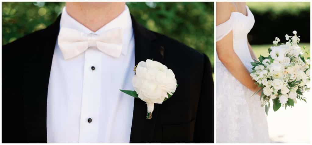 A bride in a tuxedo and a groom in a tuxedo.