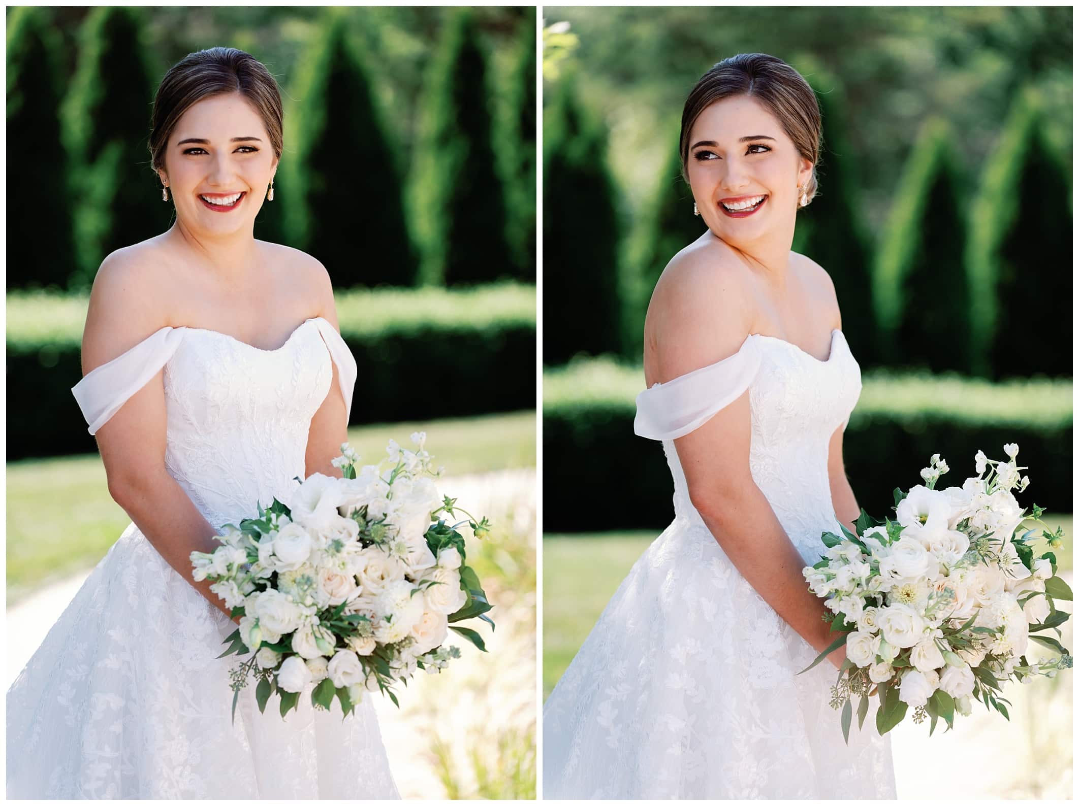 A bride in a white wedding dress holding a bouquet.