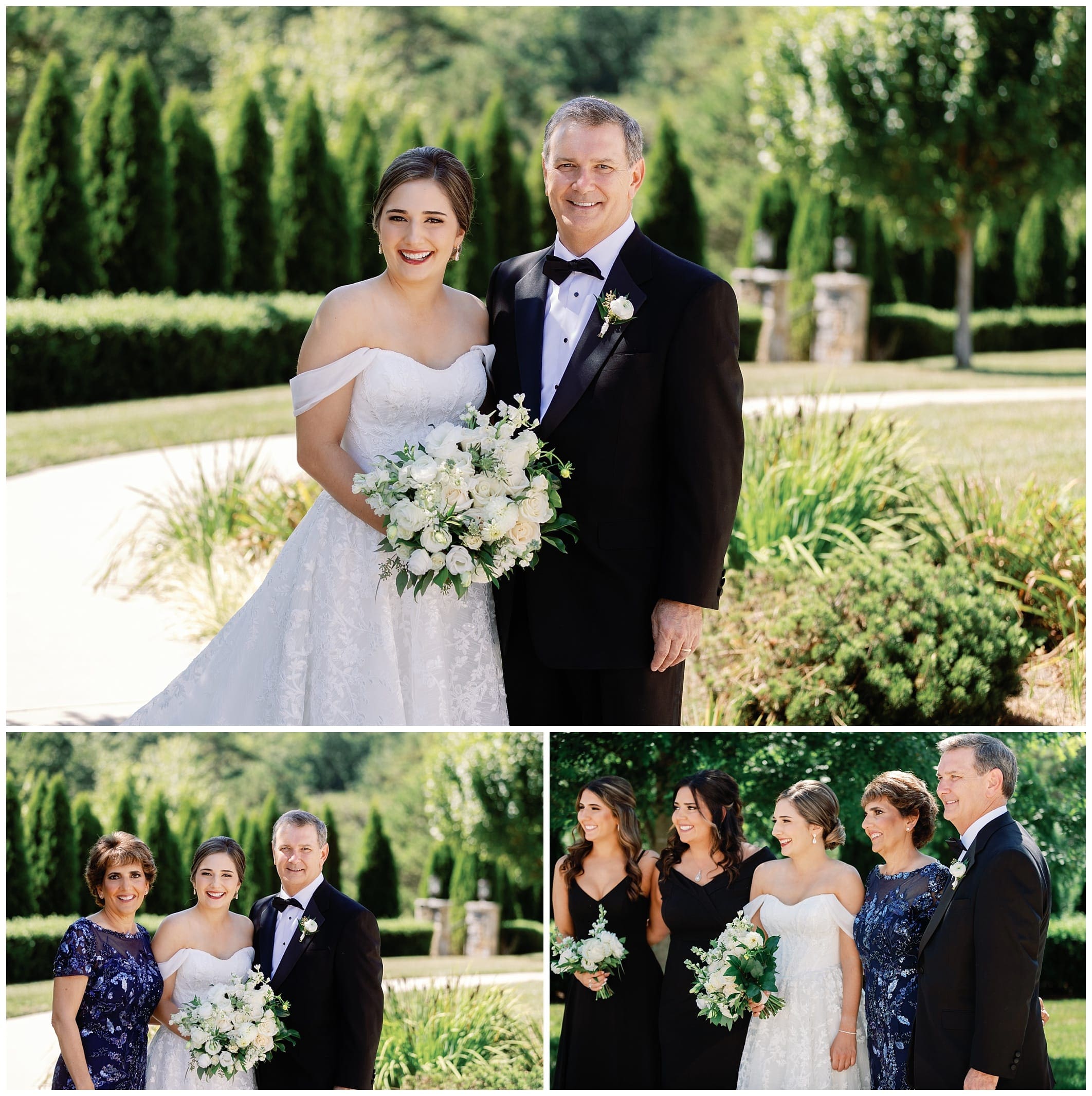 A bride and her family pose for a photo in front of a tree.