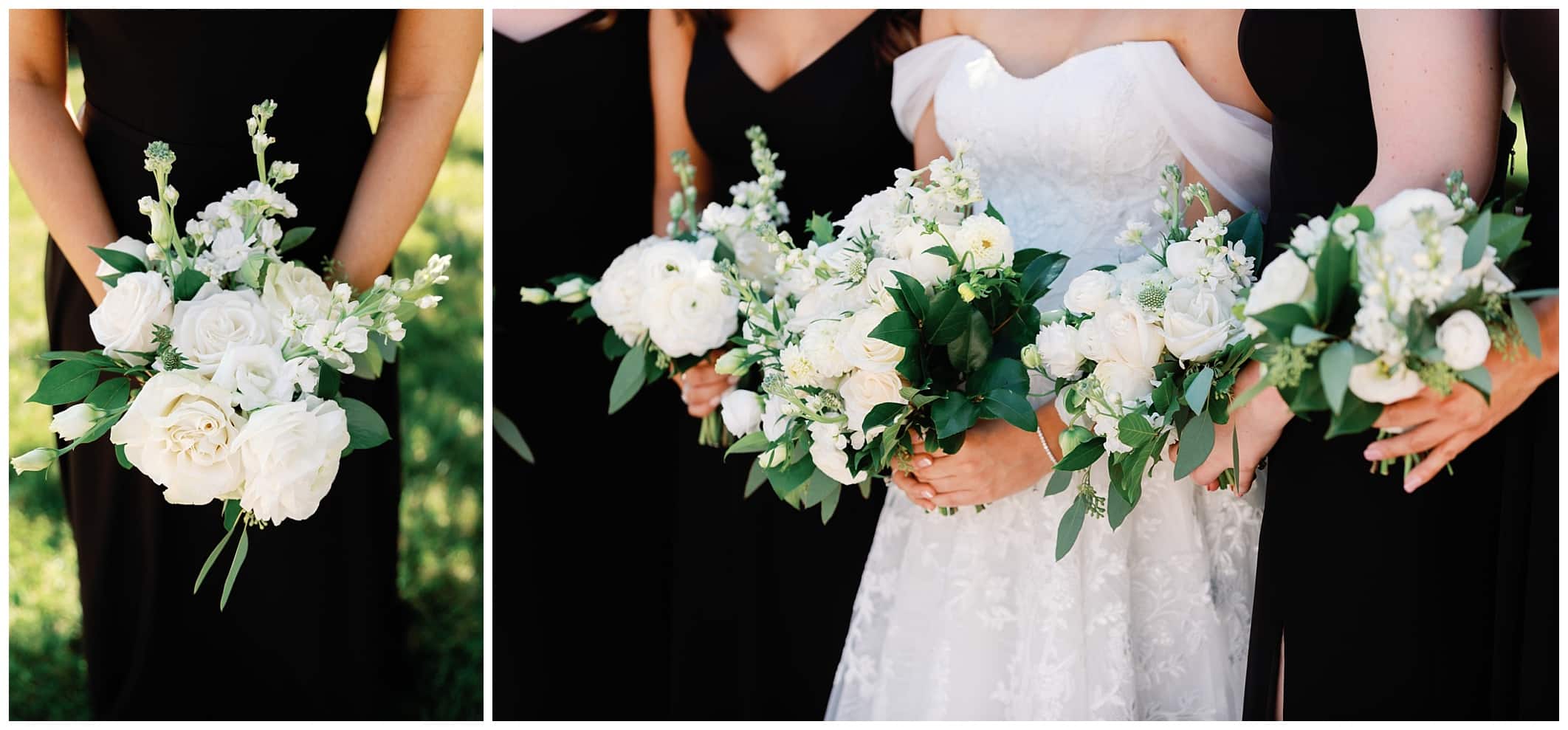 A bride and her bridesmaids are holding white bouquets.