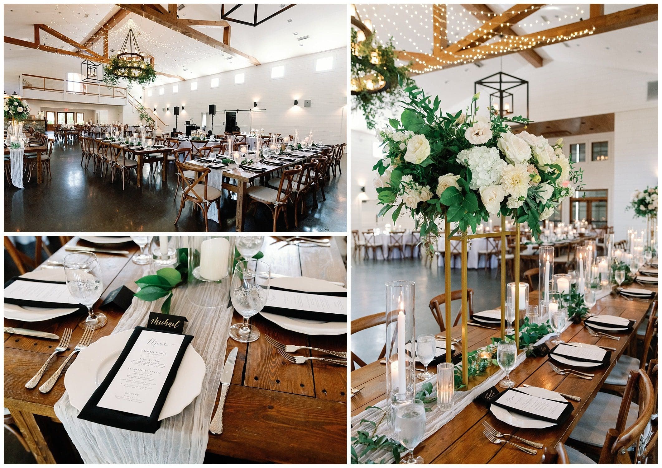 A wedding reception set up with white and green centerpieces.