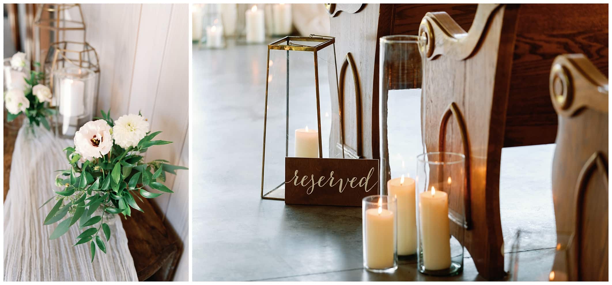 A wedding ceremony with candles and flowers on the pews.