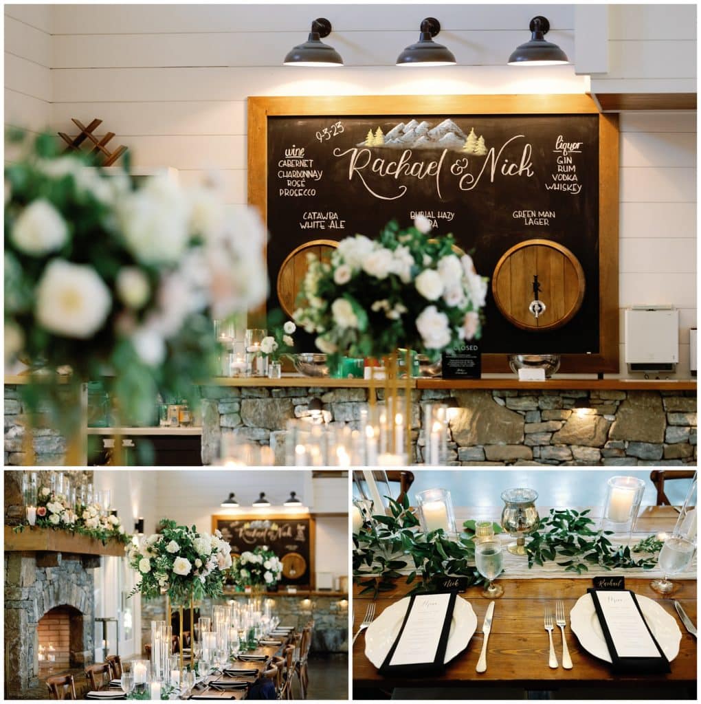 A black and white photo of a wedding reception at a winery.