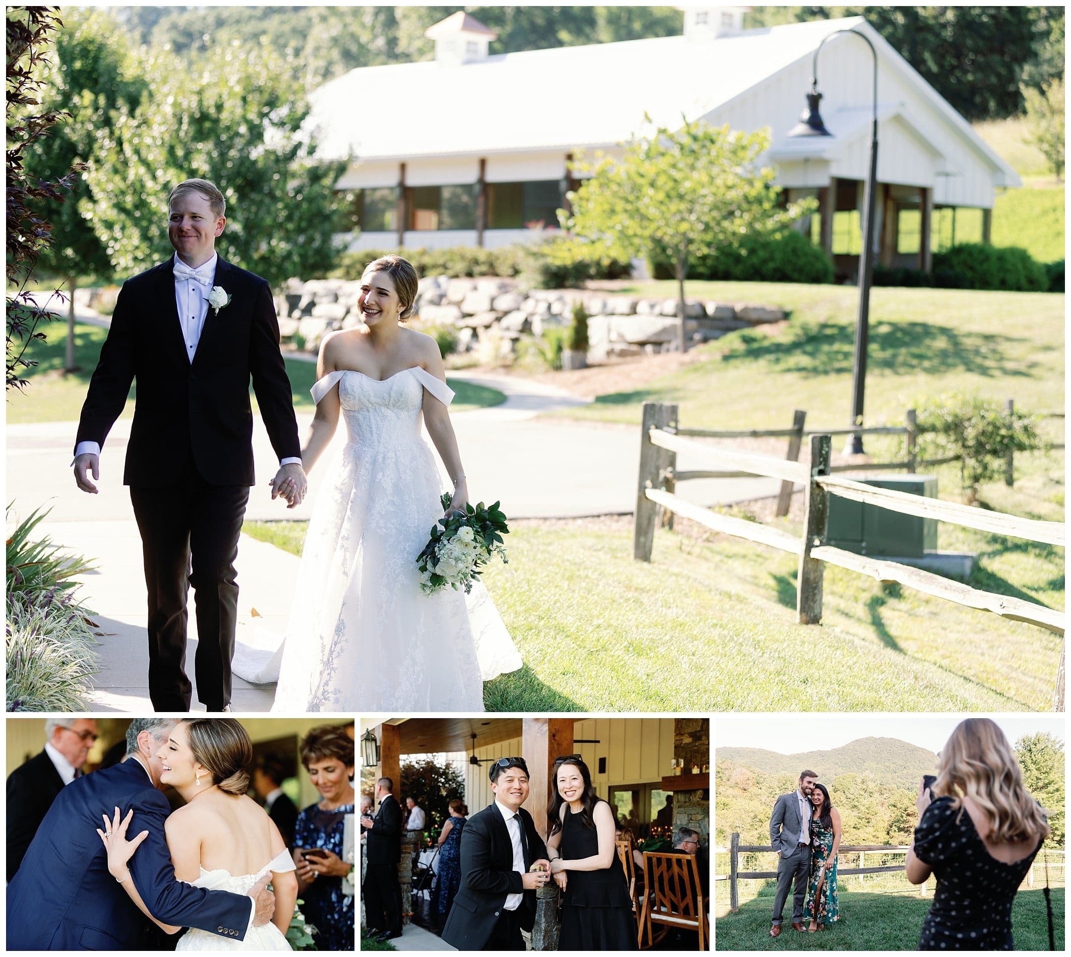 A collage of photos of a bride and groom at their wedding.