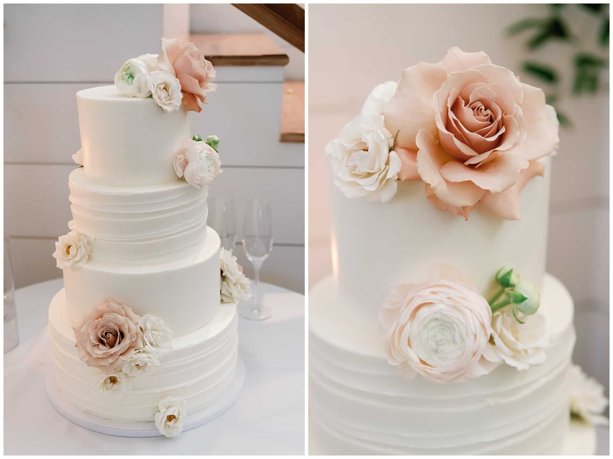 Two pictures of a wedding cake with roses on it.