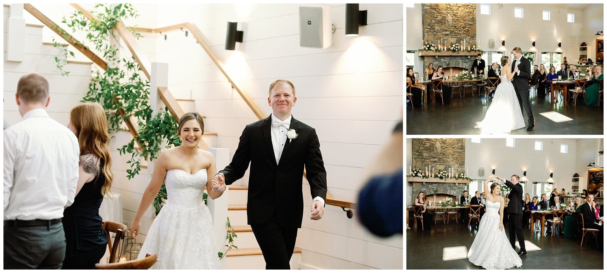 A bride and groom walking down the stairs at their wedding reception.