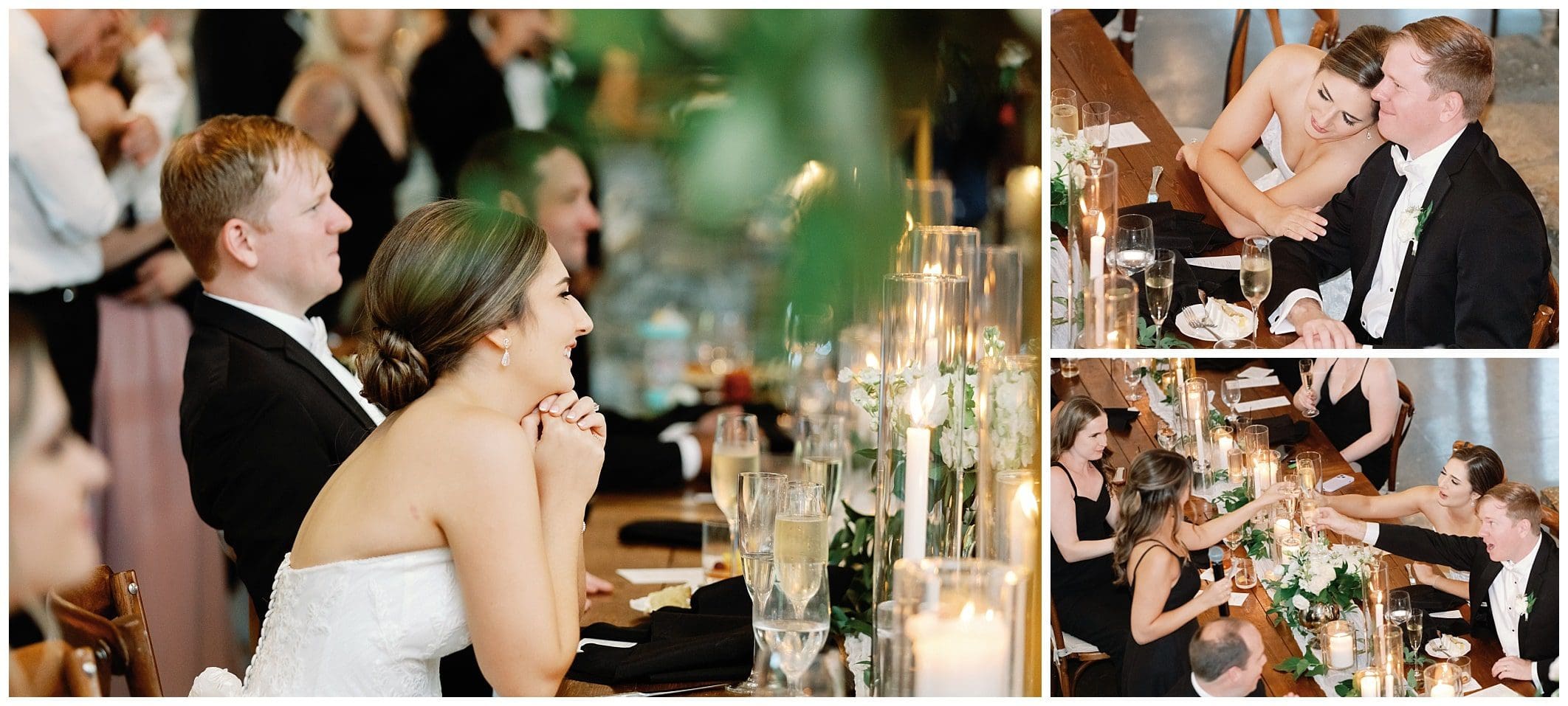 A collage of photos of a bride and groom at a wedding reception.