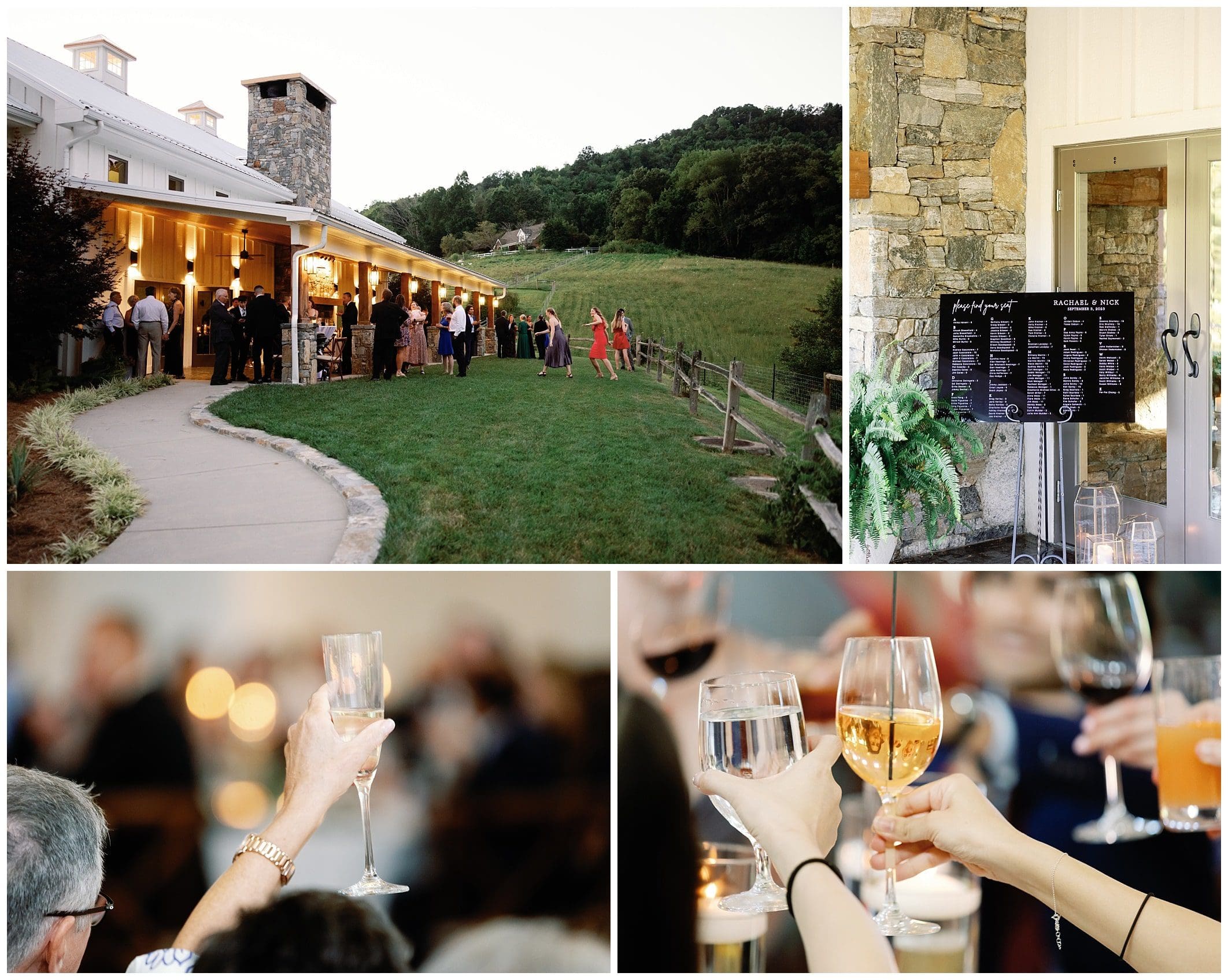 A collage of pictures of a wedding reception at a farm.