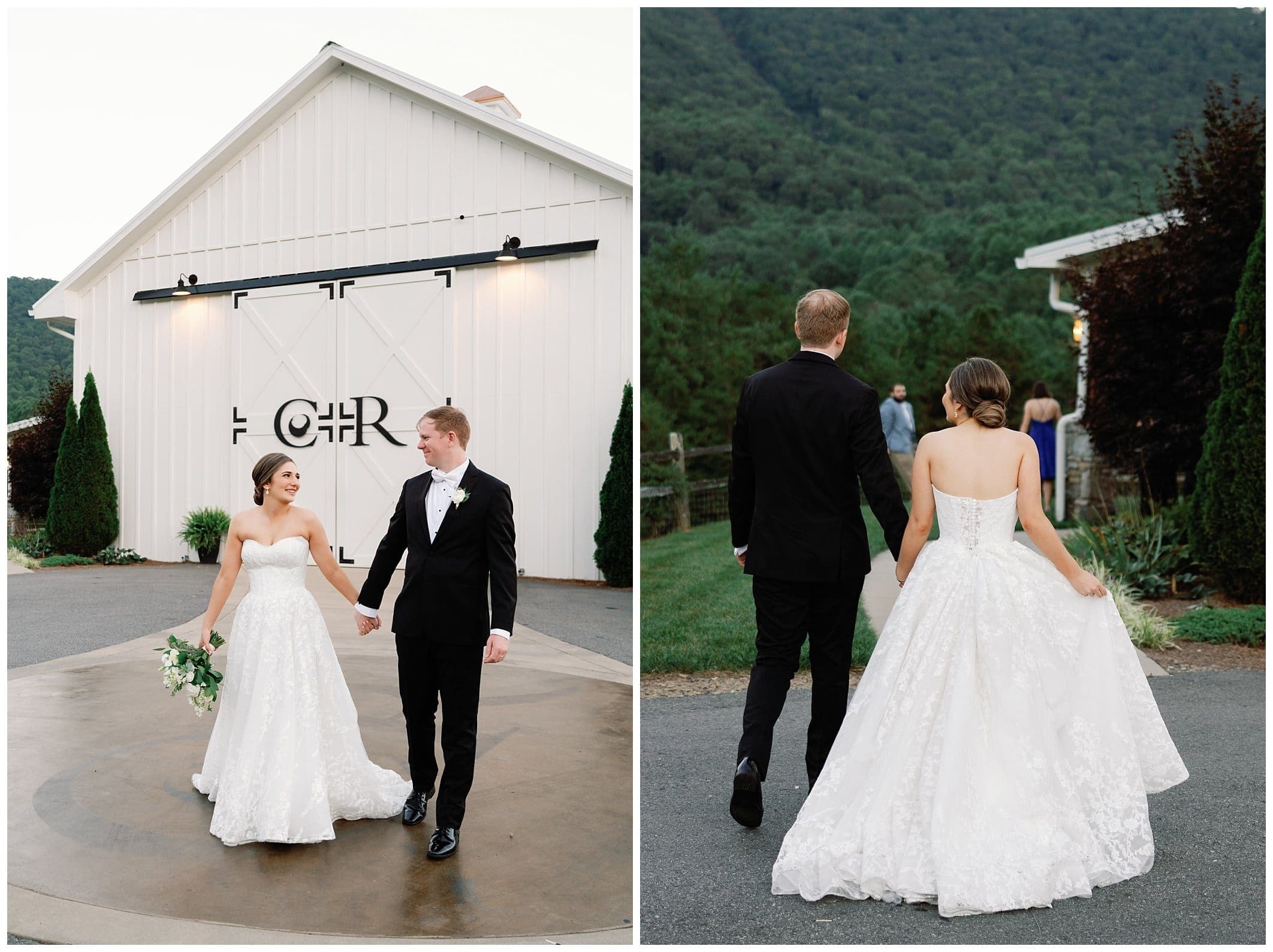 A bride and groom walking in front of a chestnut ridge wedding venue at their elegant summer wedding in ASheville. 