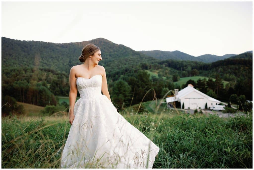 A bride in a wedding dress standing in a field with mountains in the background.