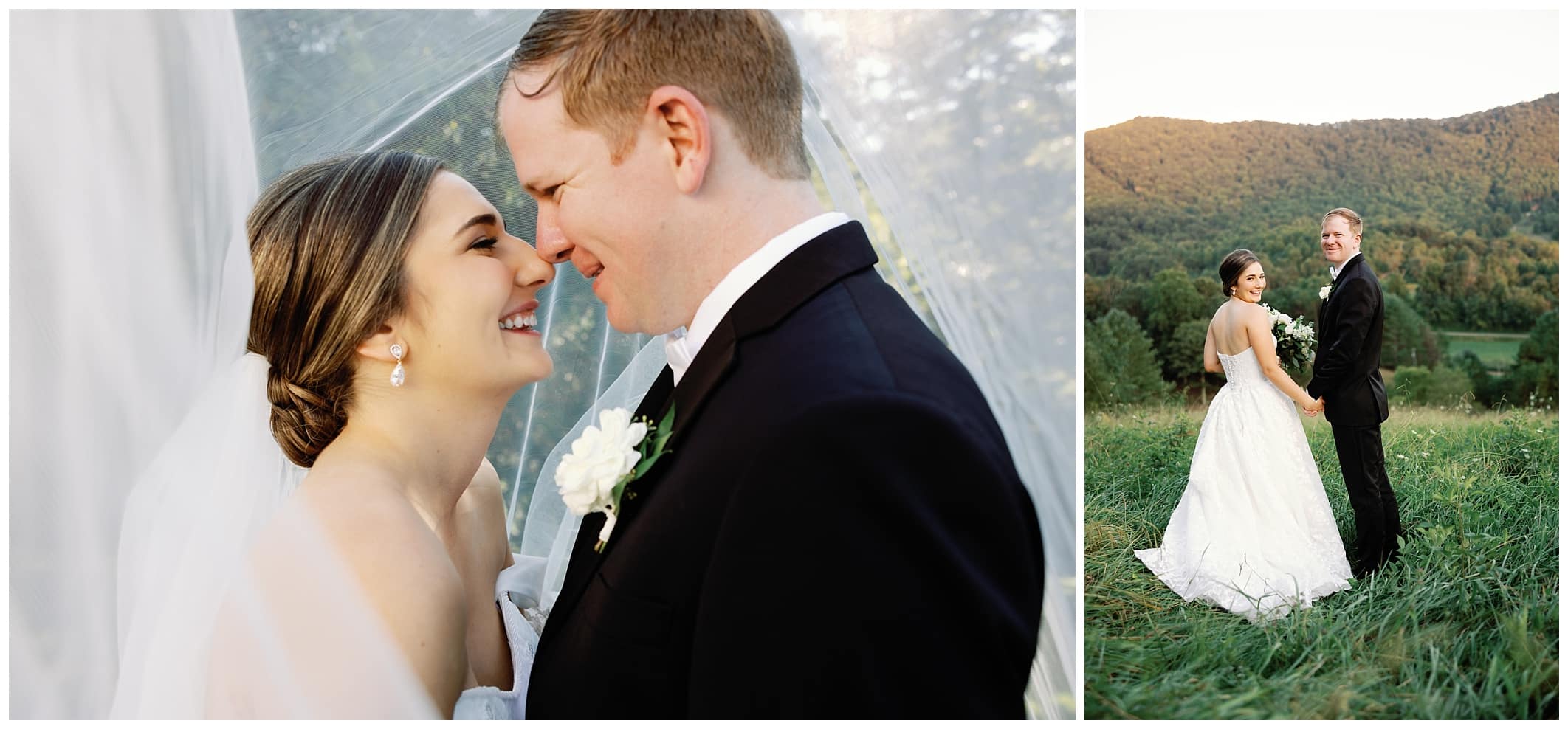 A bride and groom kissing in a field with mountains in the background.