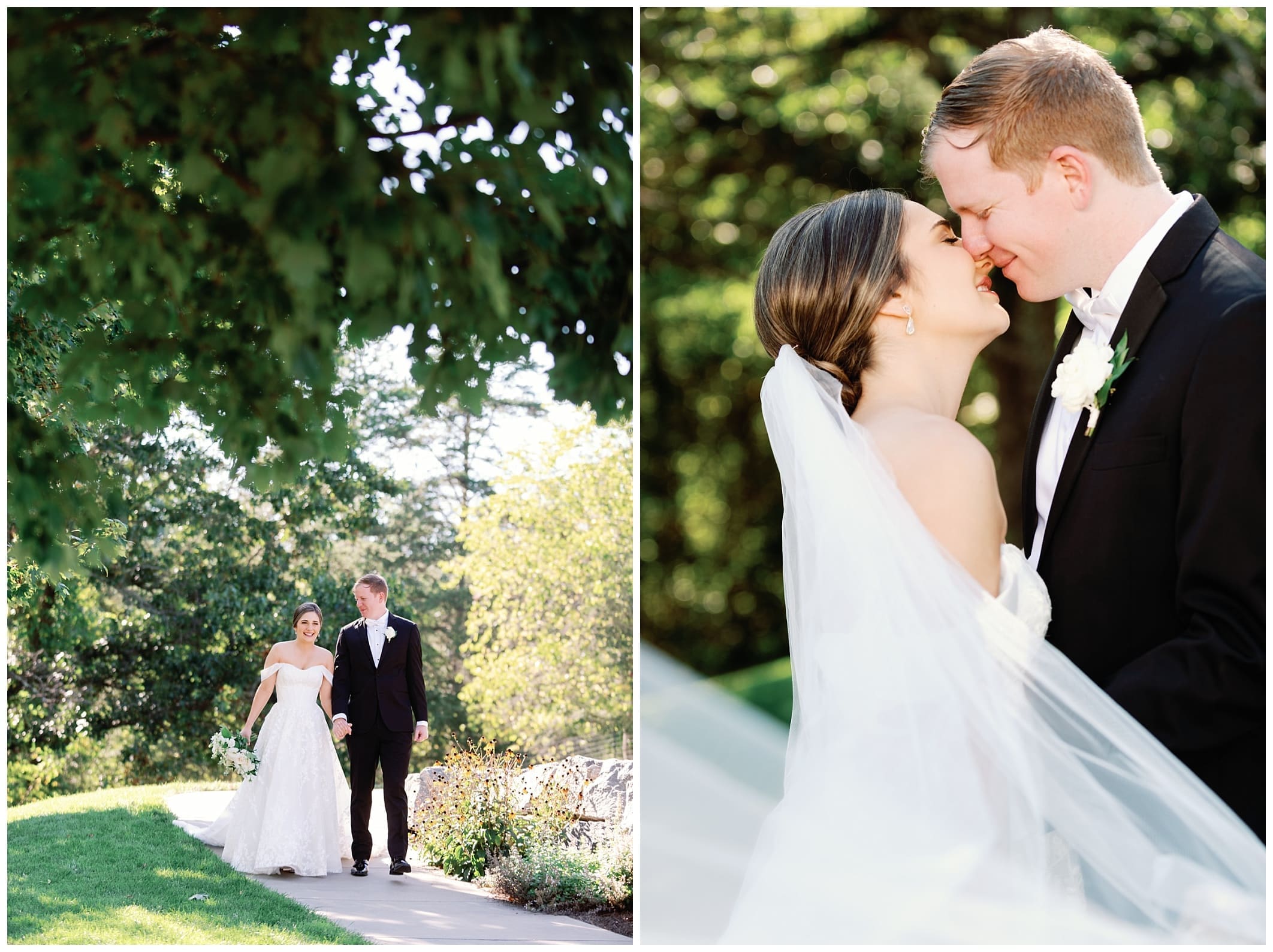 An elegant summer wedding in Asheville.  Bride and groom walk down pathway to enter their reception.