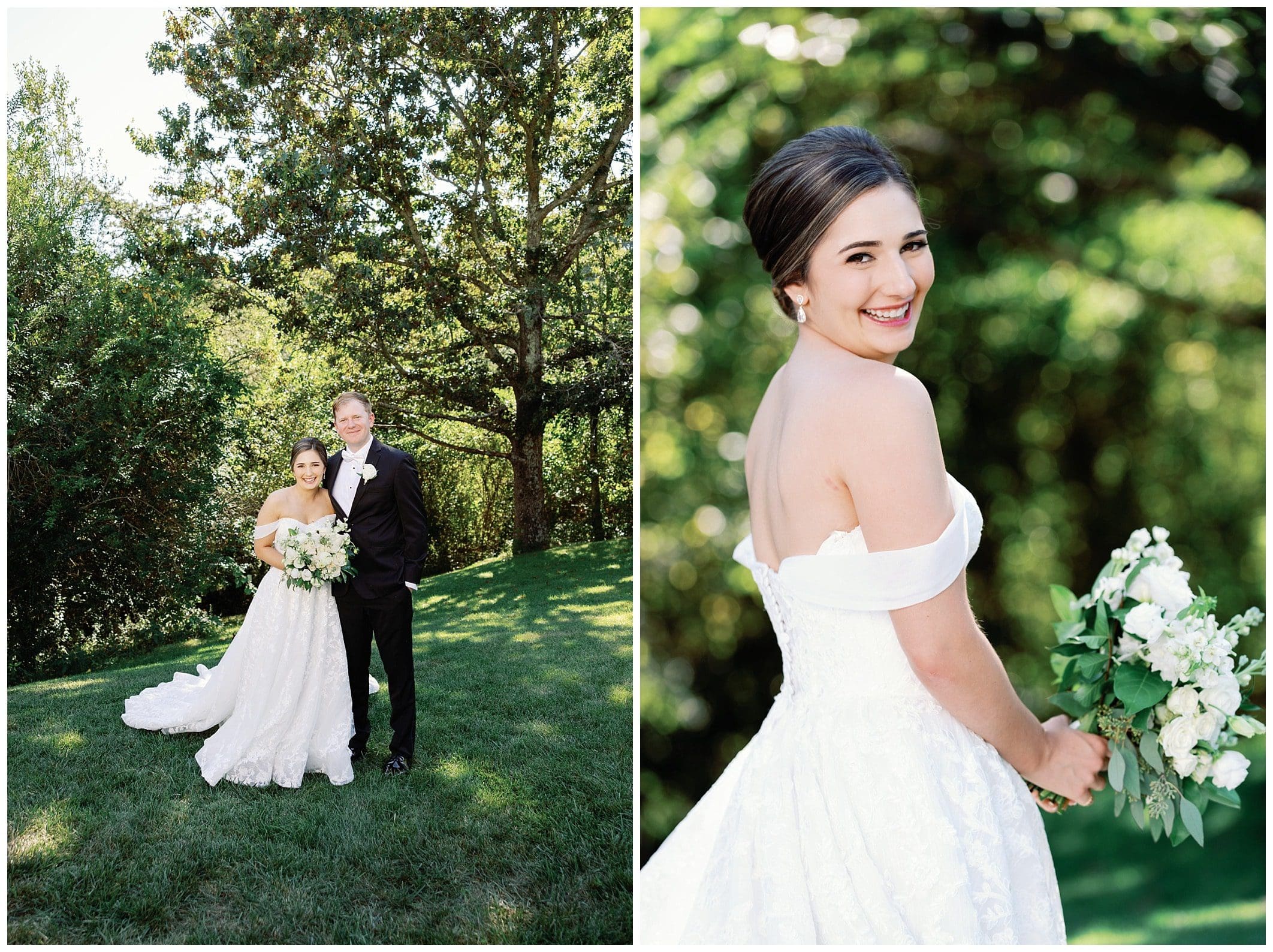 A bride and groom posing in front of a tree.