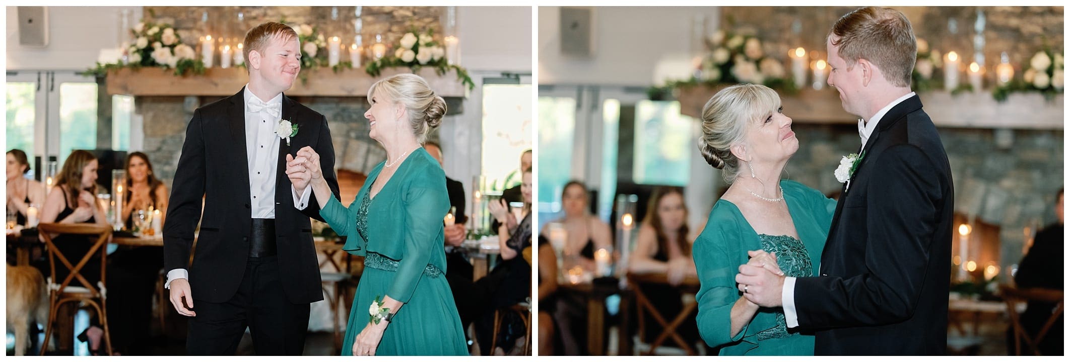 A bride and groom dance at their wedding reception.