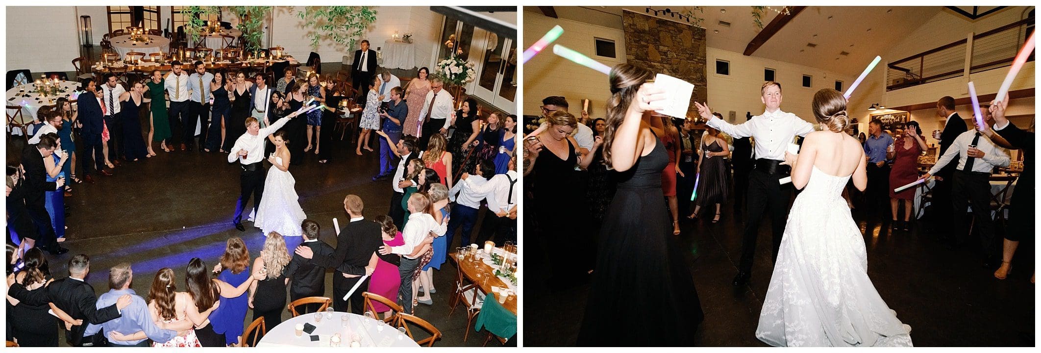 A bride and groom dancing with lightsabers at their wedding reception.