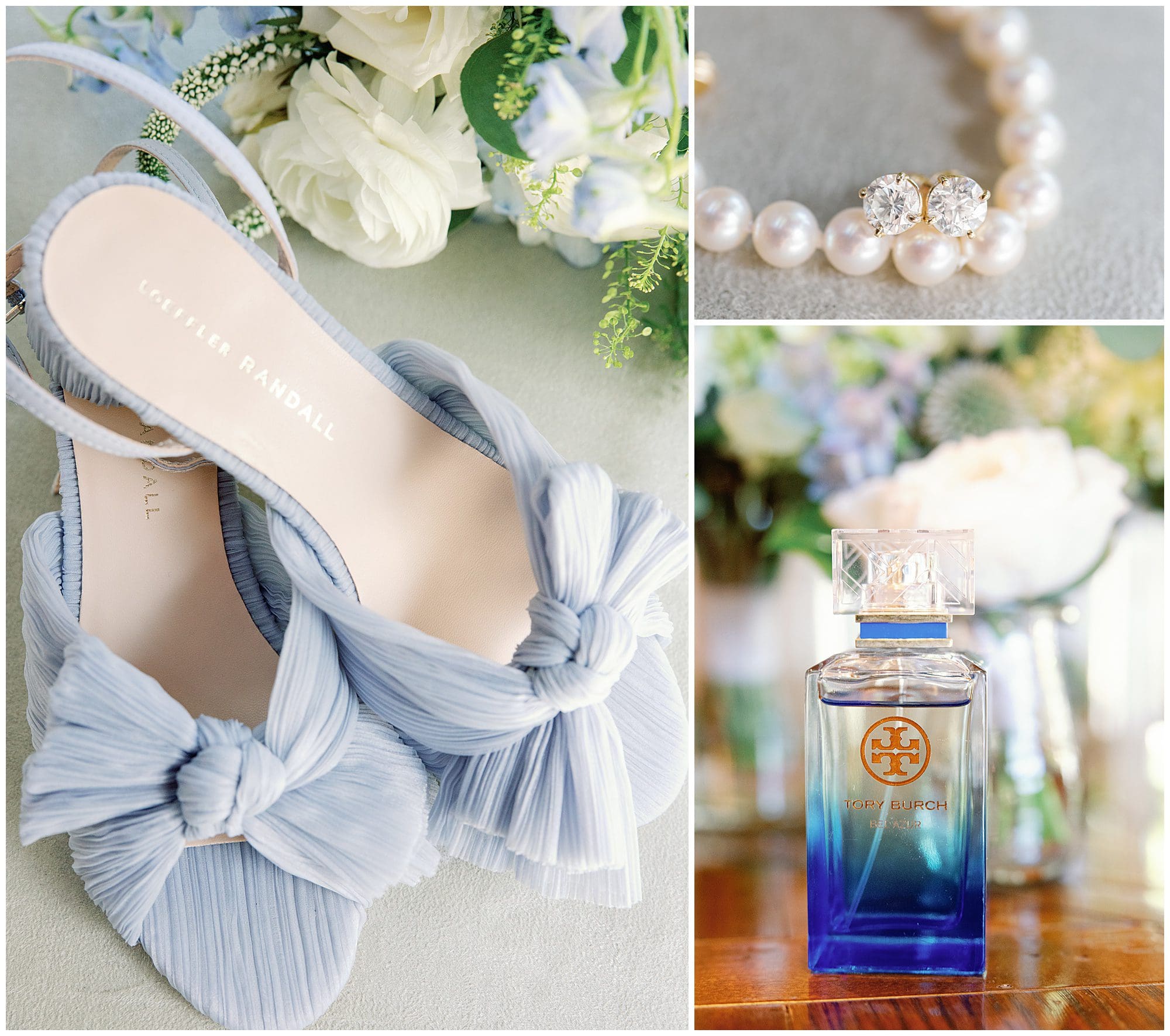 A blue and white wedding with pearls and shoes.