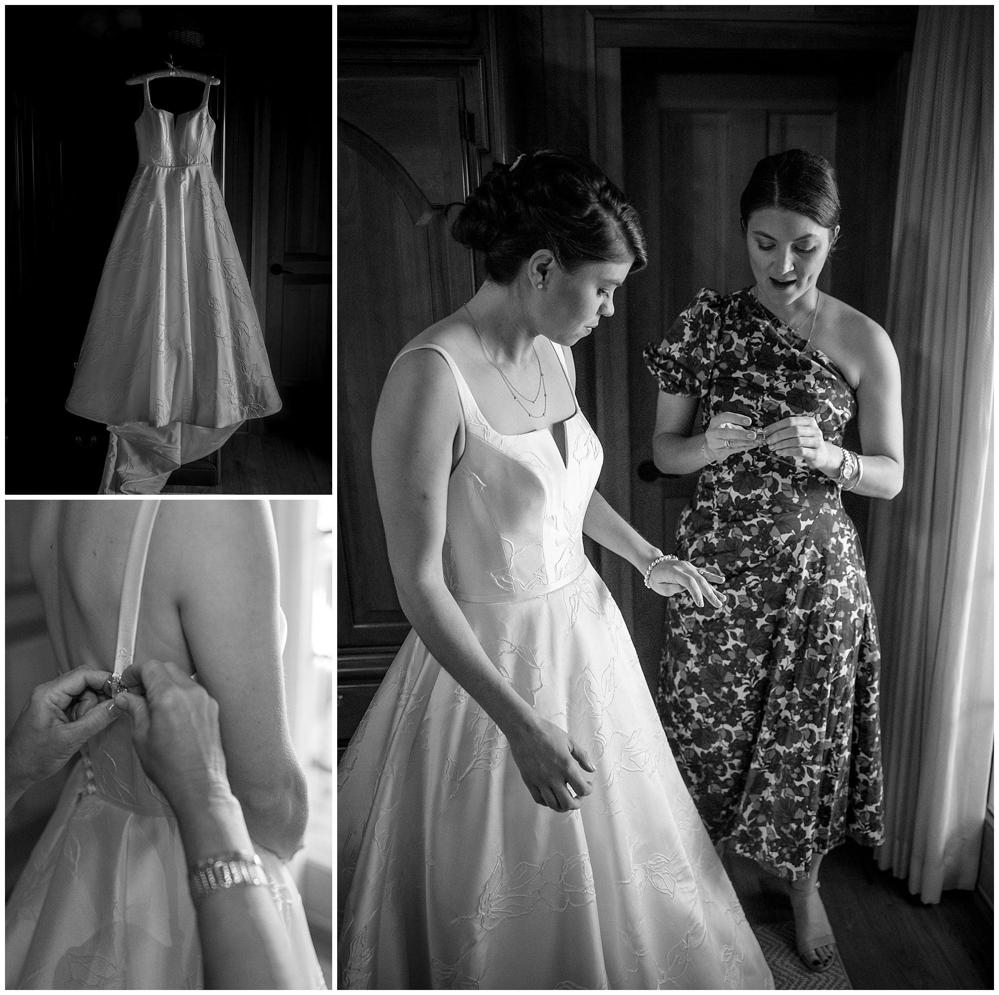 A bride is getting ready for her wedding dress.