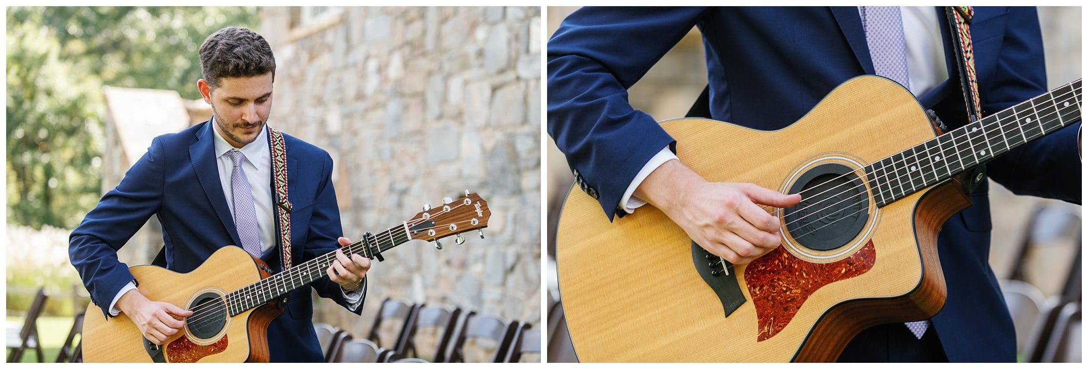 Two pictures of a man playing an acoustic guitar.