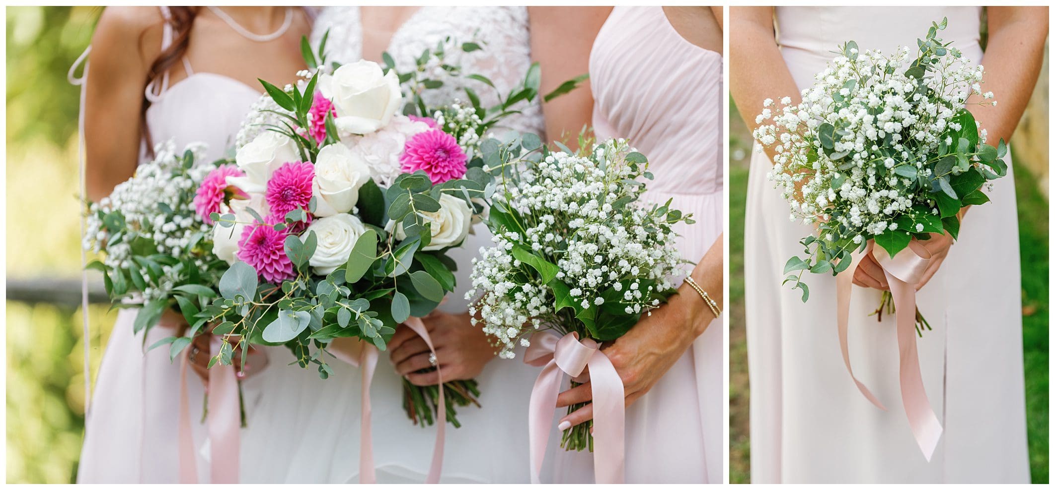 Four pictures of bridesmaids holding bouquets.