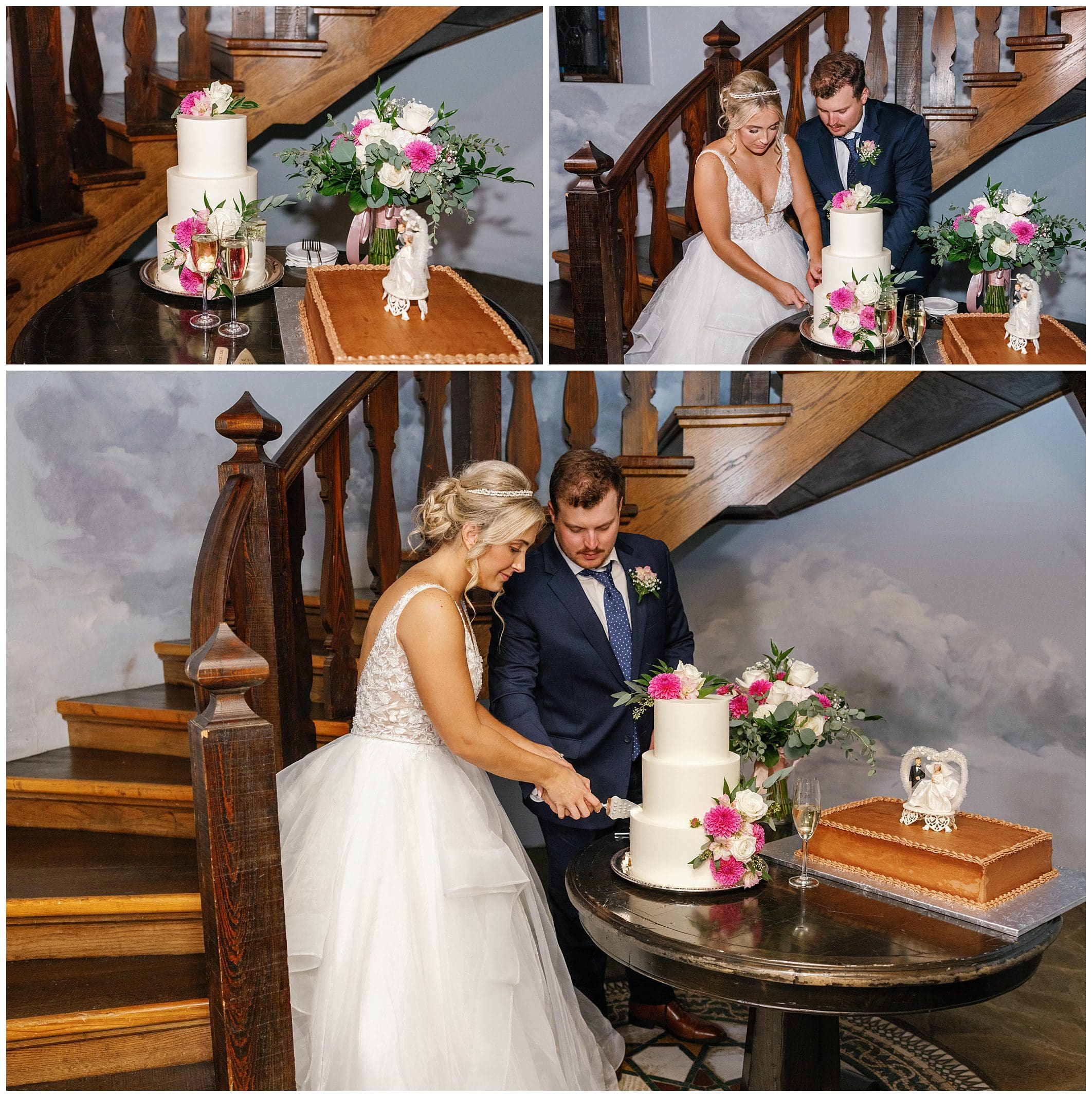 A bride and groom cutting their wedding cake in front of a staircase.