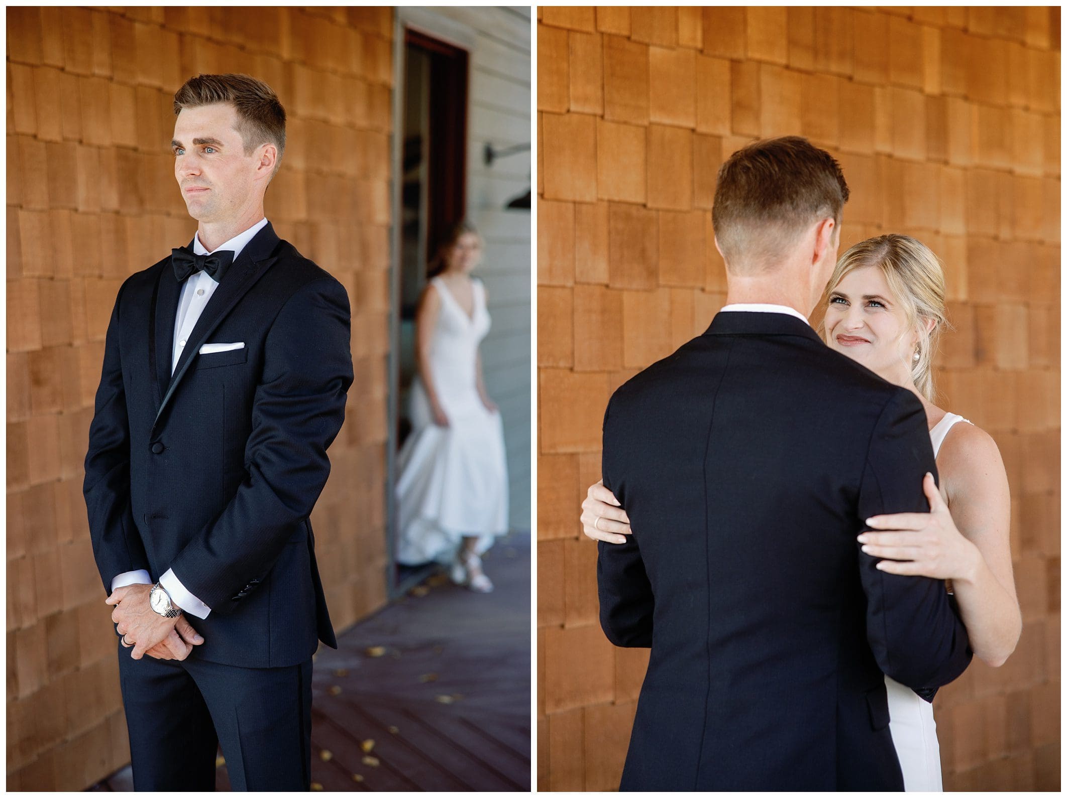 A bride and groom in a tuxedo standing in front of the Crest Center during their fall wedding.