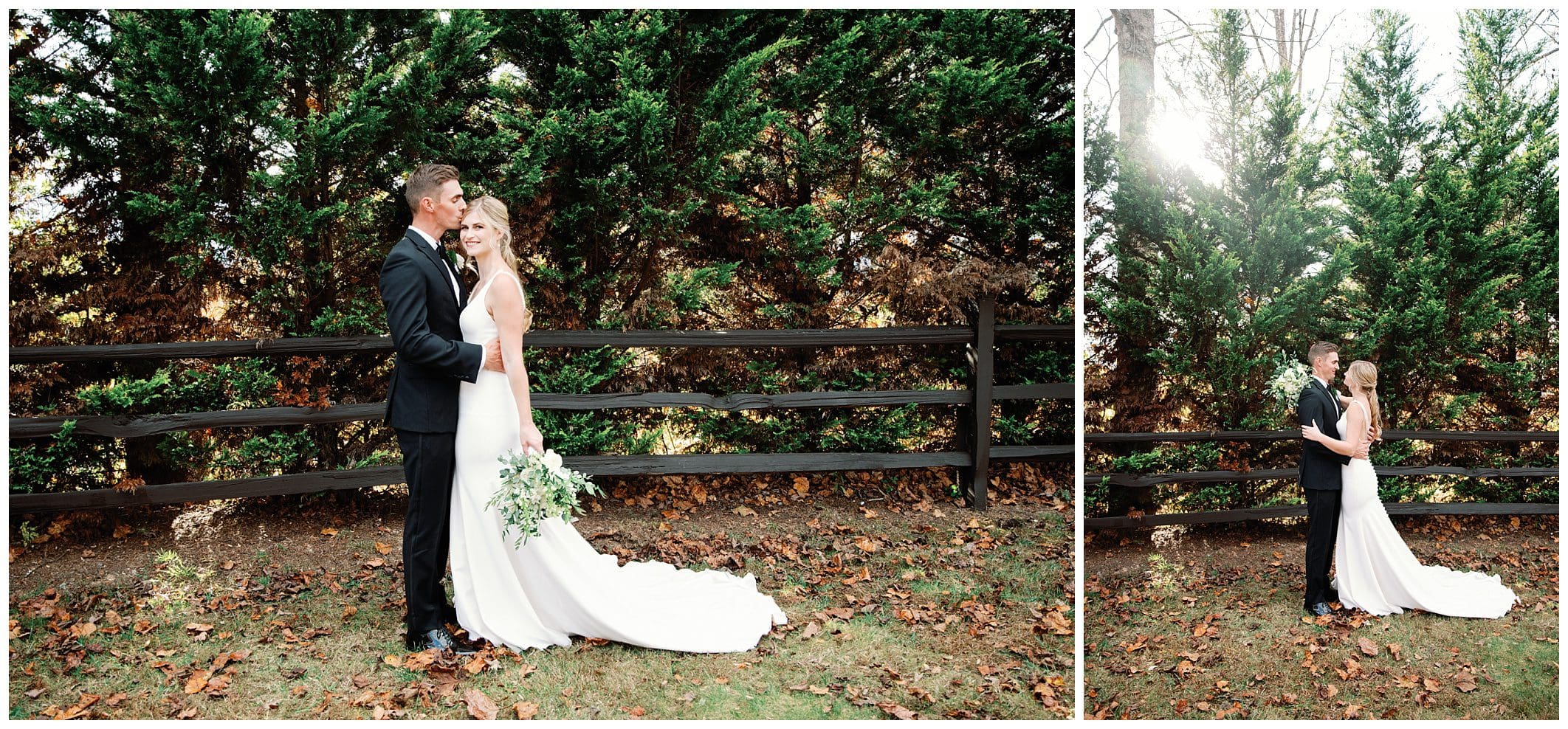 A bride and groom share a romantic kiss at the Crest Center, surrounded by a charming fence on their beautiful fall wedding day.