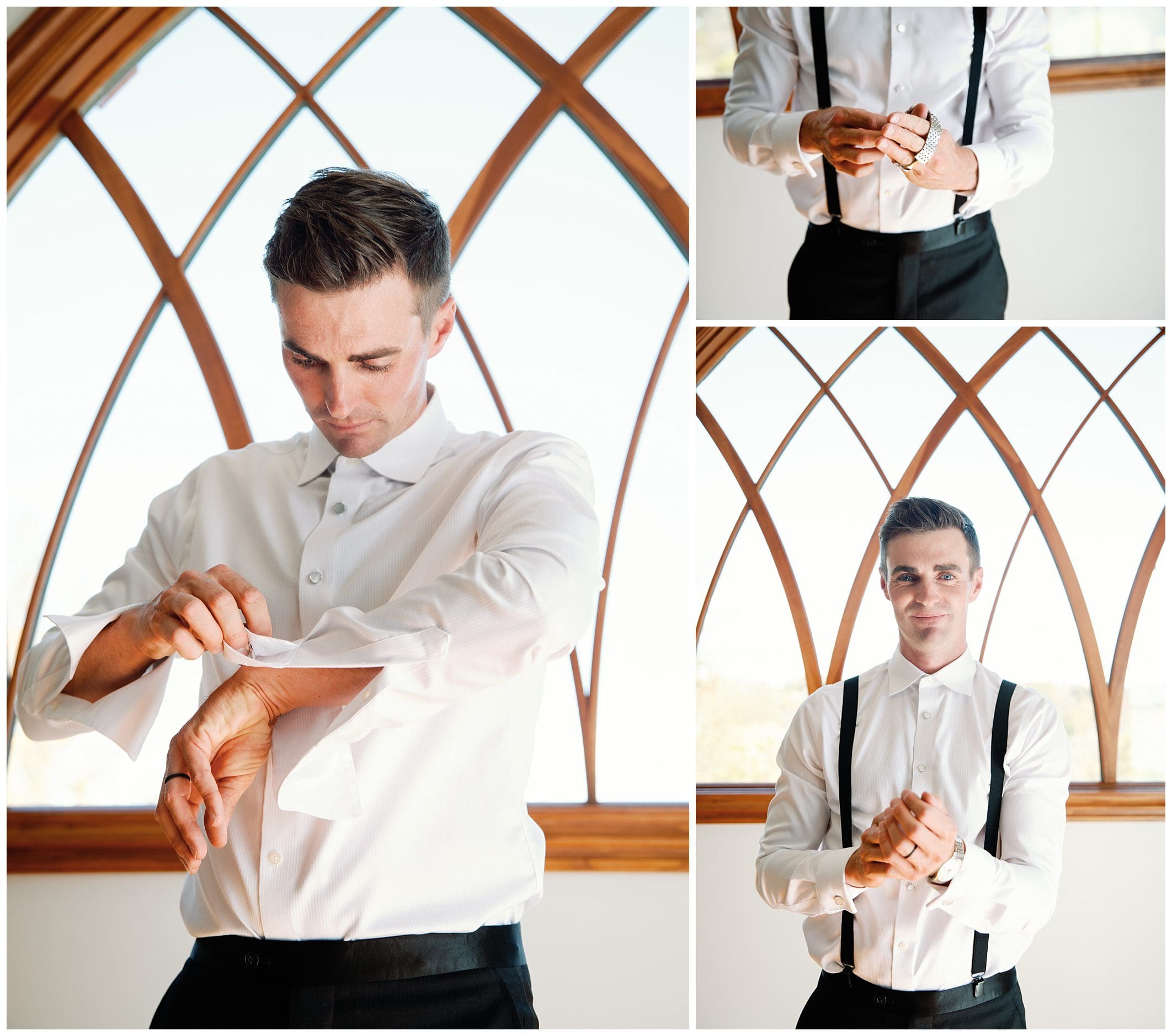 A man in a white shirt is adjusting his suspenders for a fall wedding at the Crest Center.