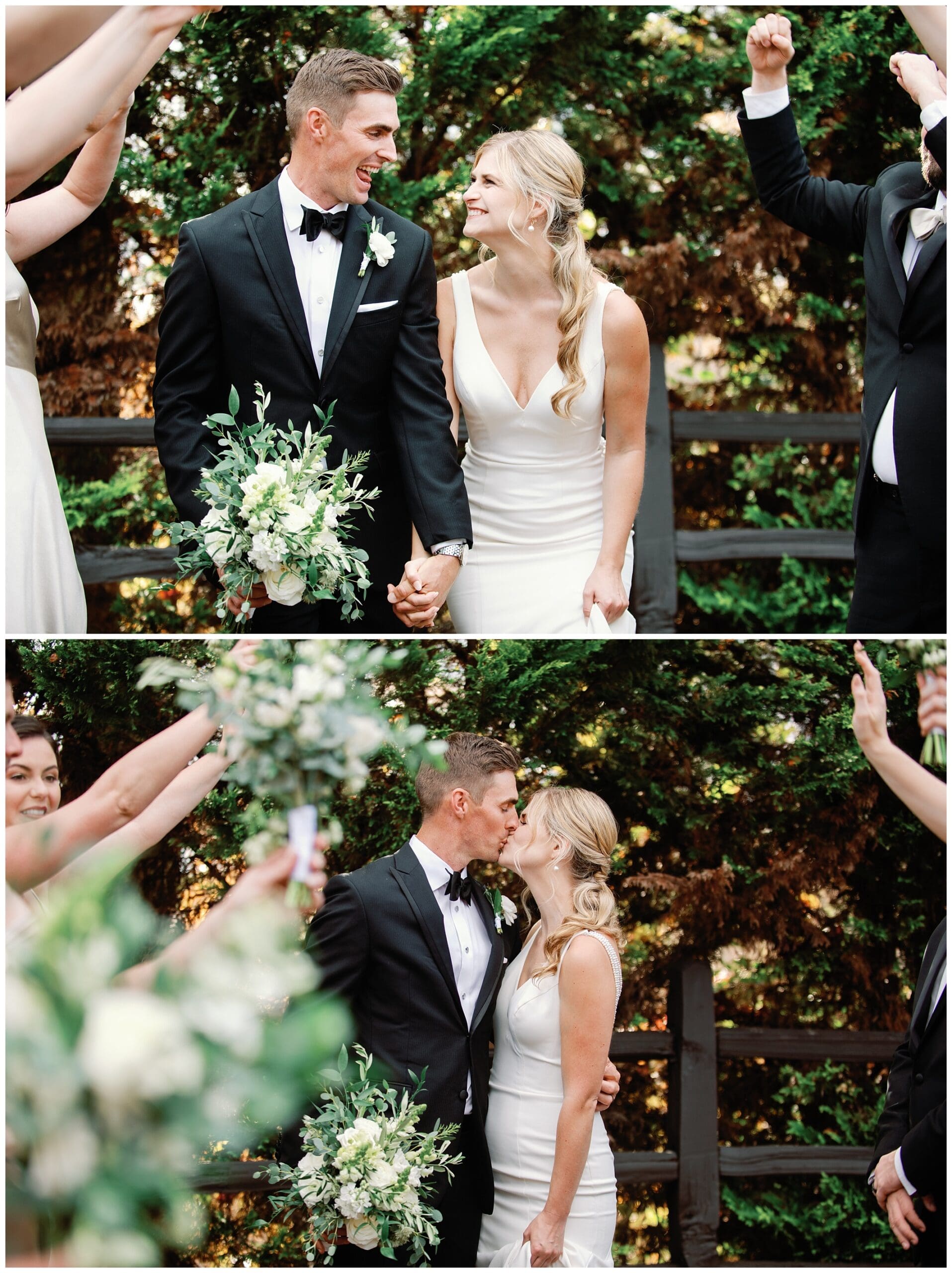 A bride and groom sharing a passionate kiss during their fall wedding at Crest Center, surrounded by a group of people.