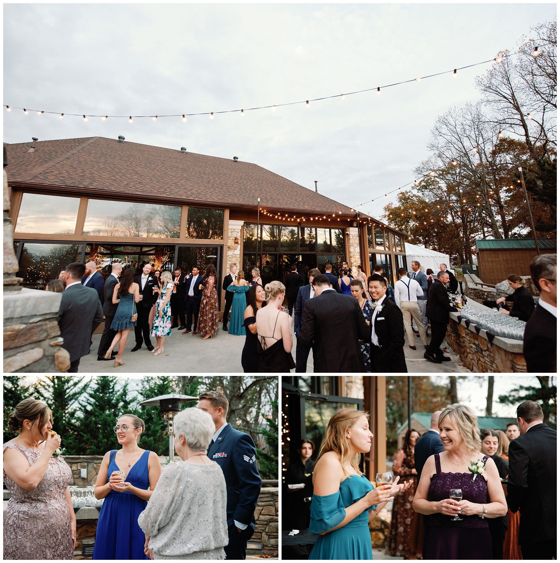 A group of people at a fall wedding reception at Crest Center.