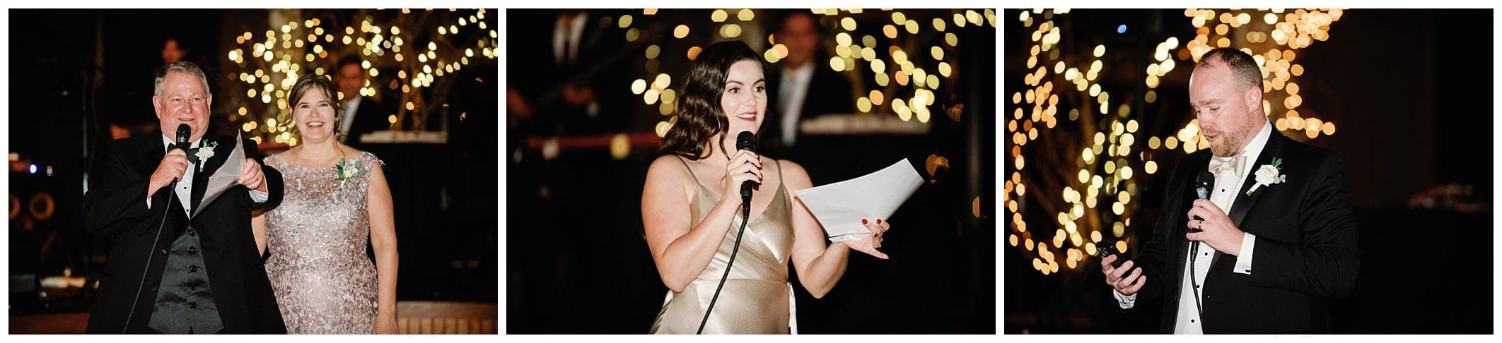 Four pictures of a man and a woman speaking into a microphone at a fall wedding.