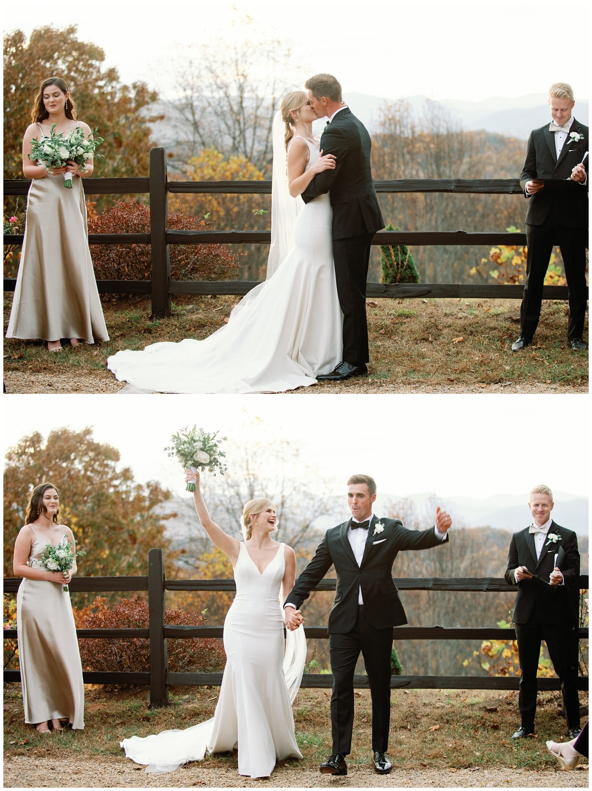 A fall wedding at Crest Center showcases the beautiful moment as the bride and groom share a heartfelt kiss during their wedding ceremony.